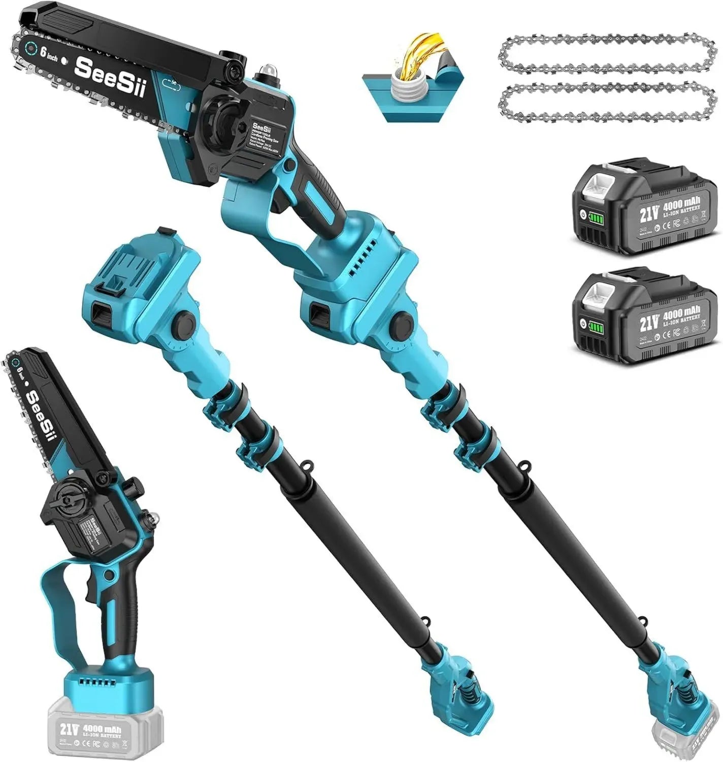SEESII 2-in-1 Akku-Teleskop-Astsäge & Mini-Kettensäge, 6 Zoll bürstenlose Motorsäge mit ausziehbarem Stab, Kettensäge mit 2x 4000mAh Akkus, Ideal für Baumpflege