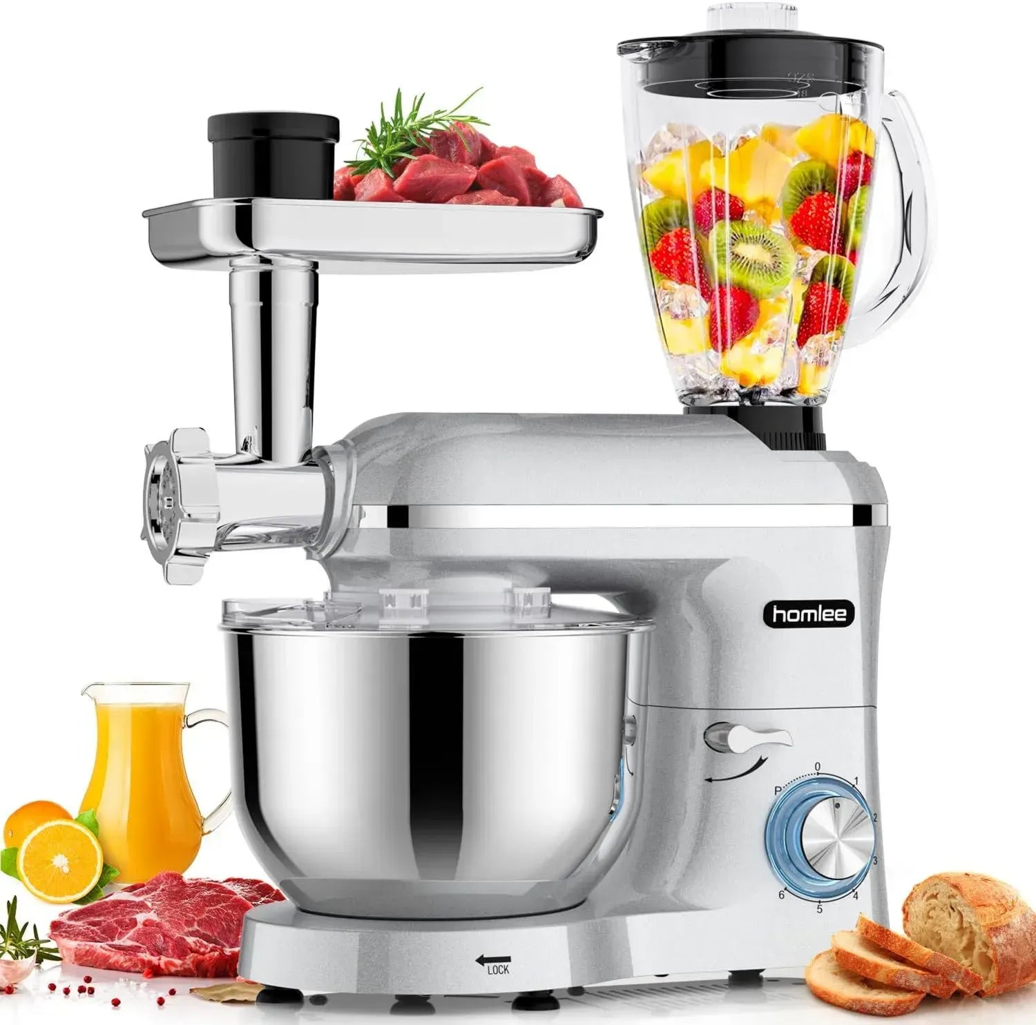 Multifunktionale 3-in-1 Küchenmaschine 2000W mit 6 Geschwindigkeiten, Fleischwolf, 1.5L Entsafter, 5.5L Edelstahl-Schüssel