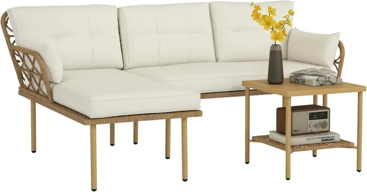 Outsunny Rattan-Gartenmöbel-Set, 3-teilig, mit Sofa, Chaiselongue und Tisch, waschbare Kissen, Creme