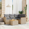 ACAGALA 5-teiliges Poly-Rattan Gartenmöbel-Set mit Stauraum, inkl. wasserdichte Kissen und Innentasche, 4-Sitzer Sofa und Tisch mit Holzplatte, Beige/Grau