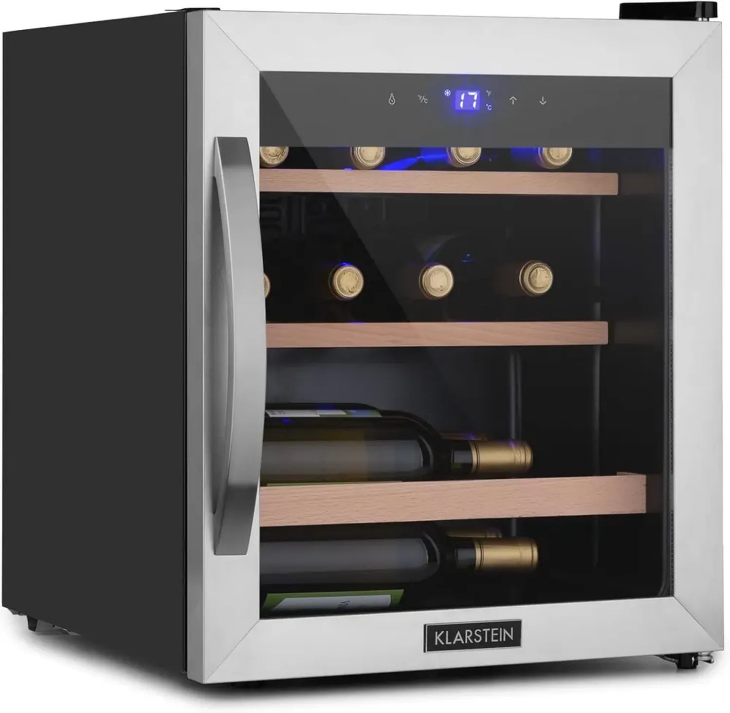 Klarstein Weinkühlschrank, Schmaler Getränkekühler mit Glastür, Freistehend, 1-Zonen-Kühlung, UV-Schutz, 4-18°C, Fasst 12 Flaschen