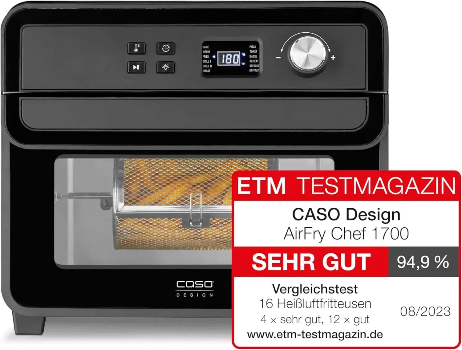 CASO AirFry Chef 1700 - Moderne Heißluftfritteuse, sofort betriebsbereit, 3 Ebenen, Temperatur von 40°C bis 230°C, 1700 Watt