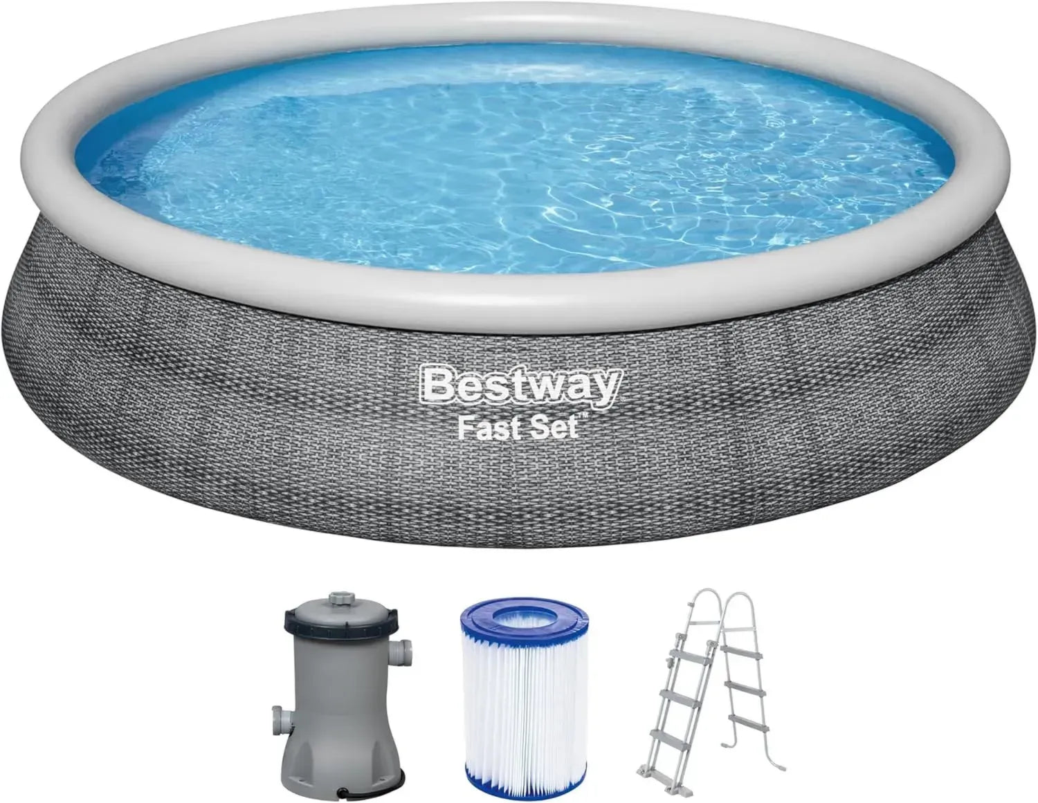Bestway Fast Set Pool 457x107 cm, Komplettset mit Filterpumpe, Rattanoptik Grau, Rund