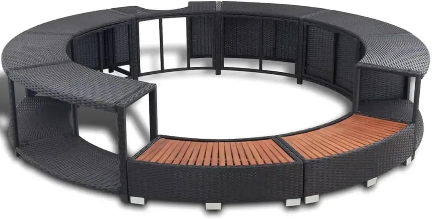Schwarze Poly-Rattan Poolumrandung mit Stauraum und Hartholz für Whirlpool