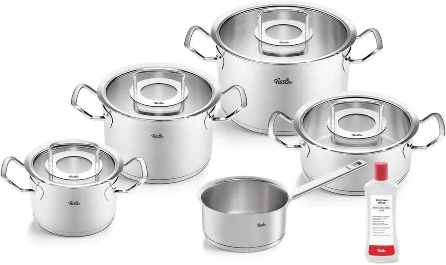 Fissler Kochtopfset aus Edelstahl, 5-teilig, mit Glasdeckel und Reinigungslösung, induktionsgeeignet, Silber
