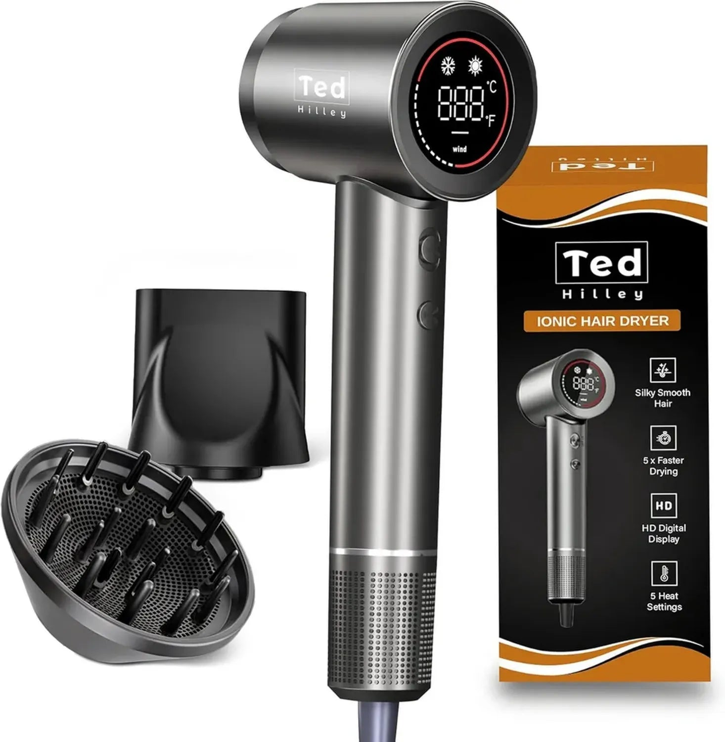Leistungsstarker Ionischer Haartrockner mit Diffusor und HD-Display – 5 Heizstufen, 2 Geschwindigkeiten – Ideal für Reisen und Locken