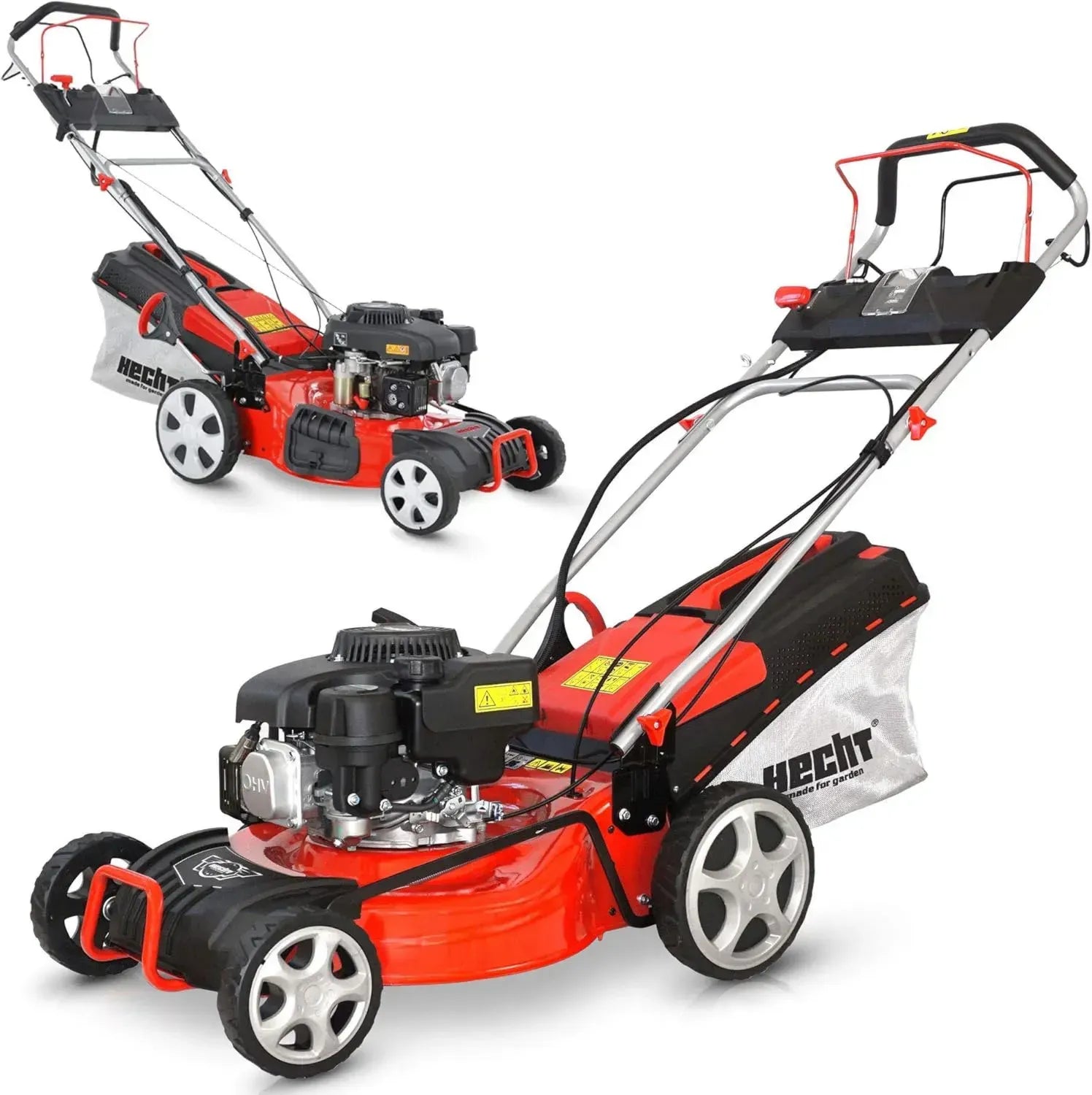 HECHT Benzin-Rasenmäher 5-in-1 mit Eco-Motor, Antrieb und Elektrostart – 46 cm Schnittbreite für bis zu 1200 m² – Extra Grip Räder – Mulchfunktion