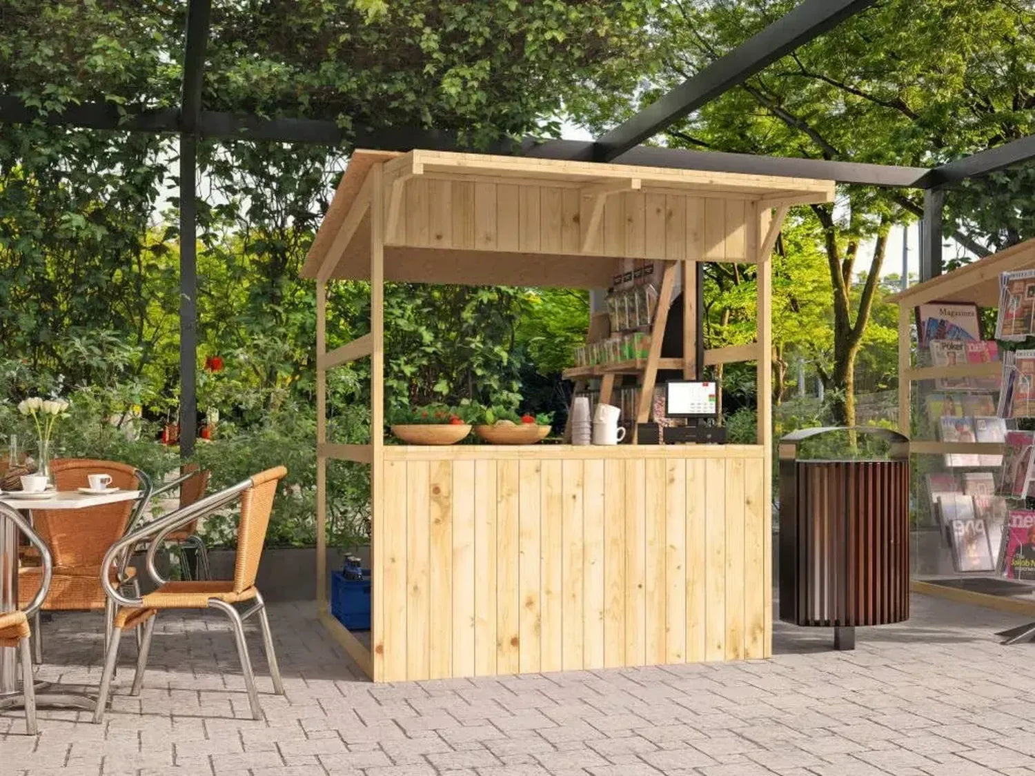 Hochwertige Holz-Verkaufshütte mit Theke, Marktbude aus Fichtenholz, 170x180x200cm, multifunktionale Verkaufsstand mit großem Fenster