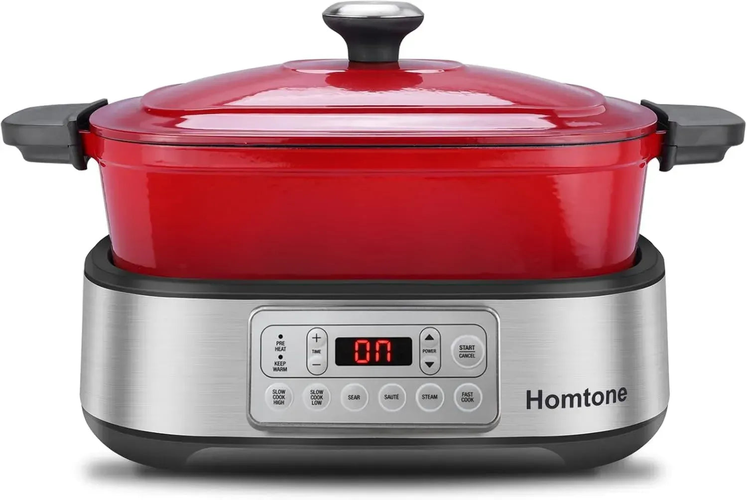 Homtone 6-in-1 Langsamkocher, 5,5L Multikocher mit Programmierung, Abnehmbarer Antihaft-Keramiktopf, Schonendes Garen, Braten und Dämpfen, Rot