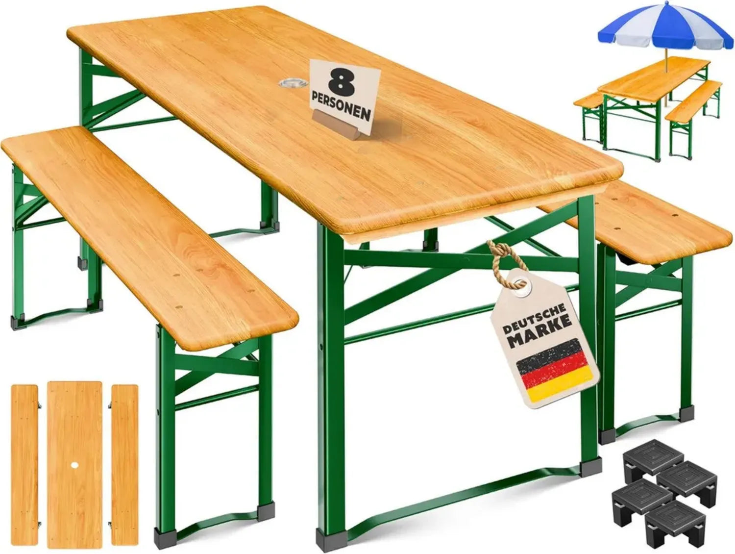 KESSER® Klappbare Bierzeltgarnitur 3-tlg., Wetterfeste Festzeltmöbel aus Holz mit 2 Bänken, Robuste Partygarnitur, 170x46x75cm mit Bodenschonern