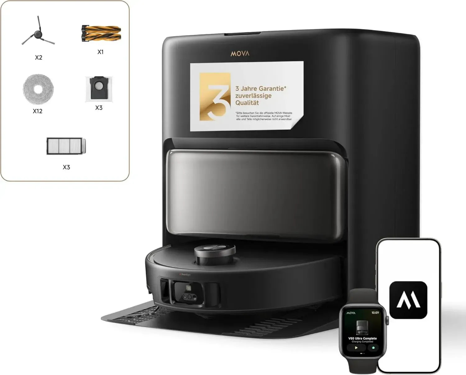 Mova V50 Ultra Saugroboter mit Wischfunktion, 24000 Pa Saugleistung, 6 cm Hindernisüberwindung, Intelligente Navigation mit RGB AI und LED, Heißwasserreinigung bis 80°C, Selbsttrocknung bei 63°C, DuoSolution System, Tricut Bürste