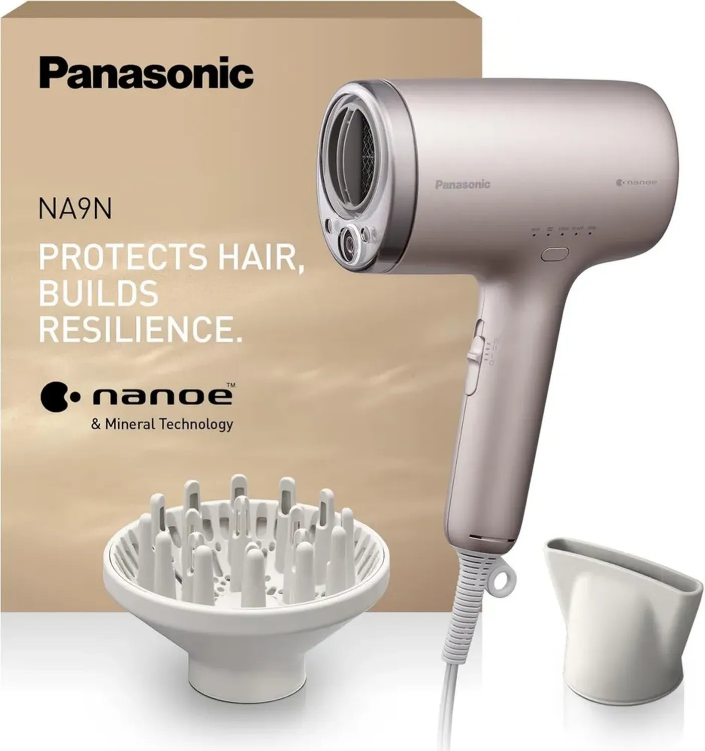 Panasonic EH-NA9N Nanoe Haartrockner für sanfte Pflege, 1600 W, Anti-Schäden, schnelle Trocknung, intelligente Sensorik, Kopf- und Gesichtspflege, Konzentratoraufsatz, Greige