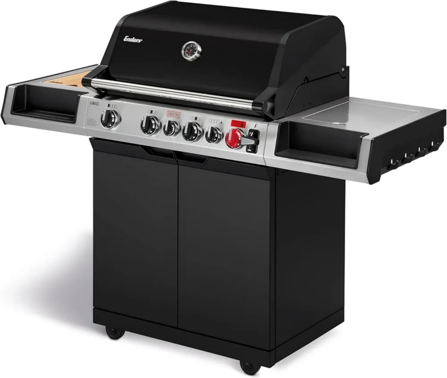 Enders® Gasgrill UNIQ 4 IK Cruster, 4 Brenner aus Edelstahl, TURBO ZONE™ 800 °C, SWITCH GRID™, HEAT RANGE™, SIMPLE CLEAN™, Doppelwandige Haube, GN ½ Container, Inkl. Bambusbrett
