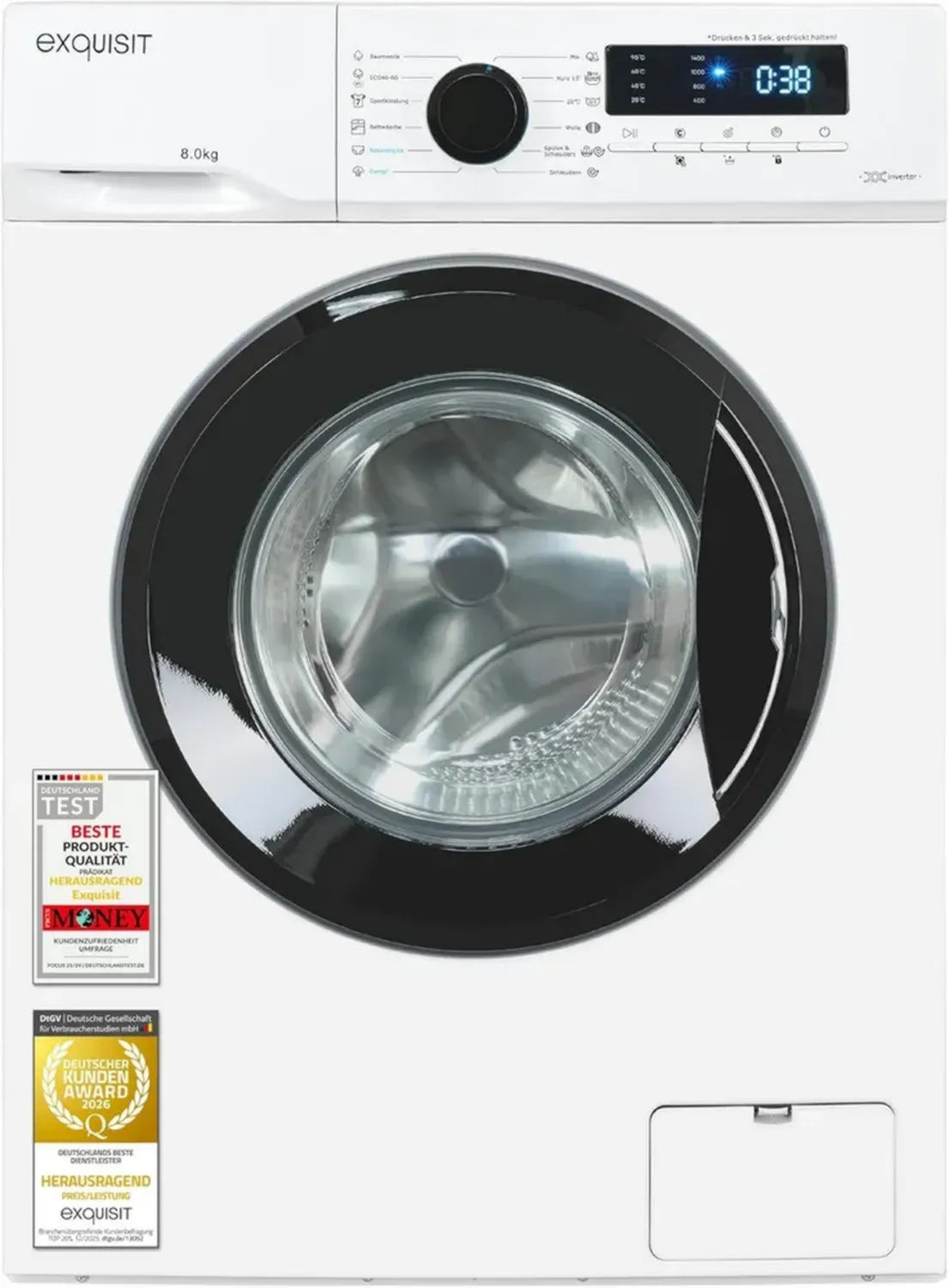 Hocheffiziente Exquisit Waschmaschine 8kg, 1400 U/Min, 13 Programme, Startzeitvorwahl, Kindersicherung, Modell WA58014-020A, weiß