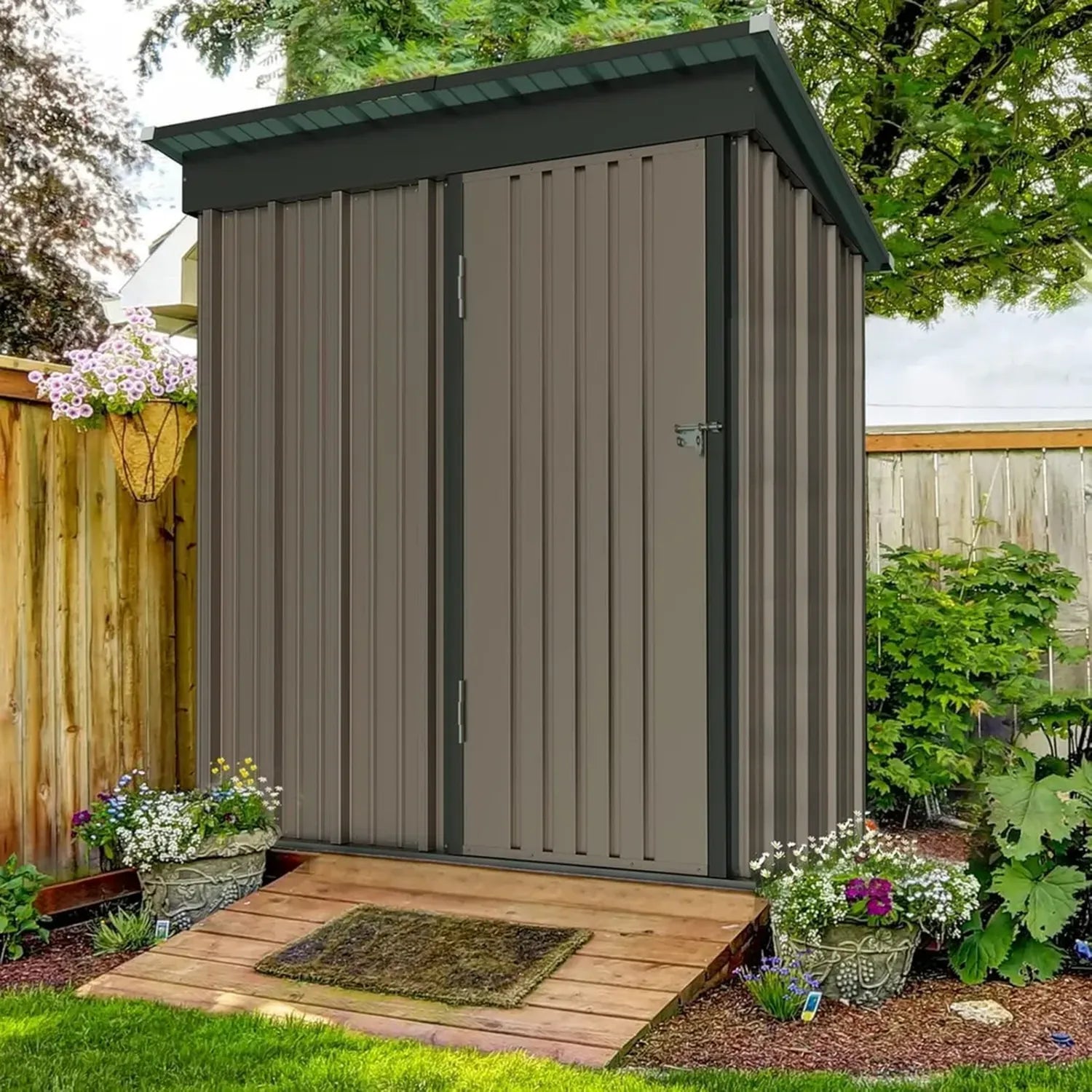 UDPATIO Metall Gerätehaus 1,5 m² - Pultdach, 162x92x180 cm, Stabiler Geräteschuppen mit abschließbarer Tür, Verzinkter Stahl, Braun
