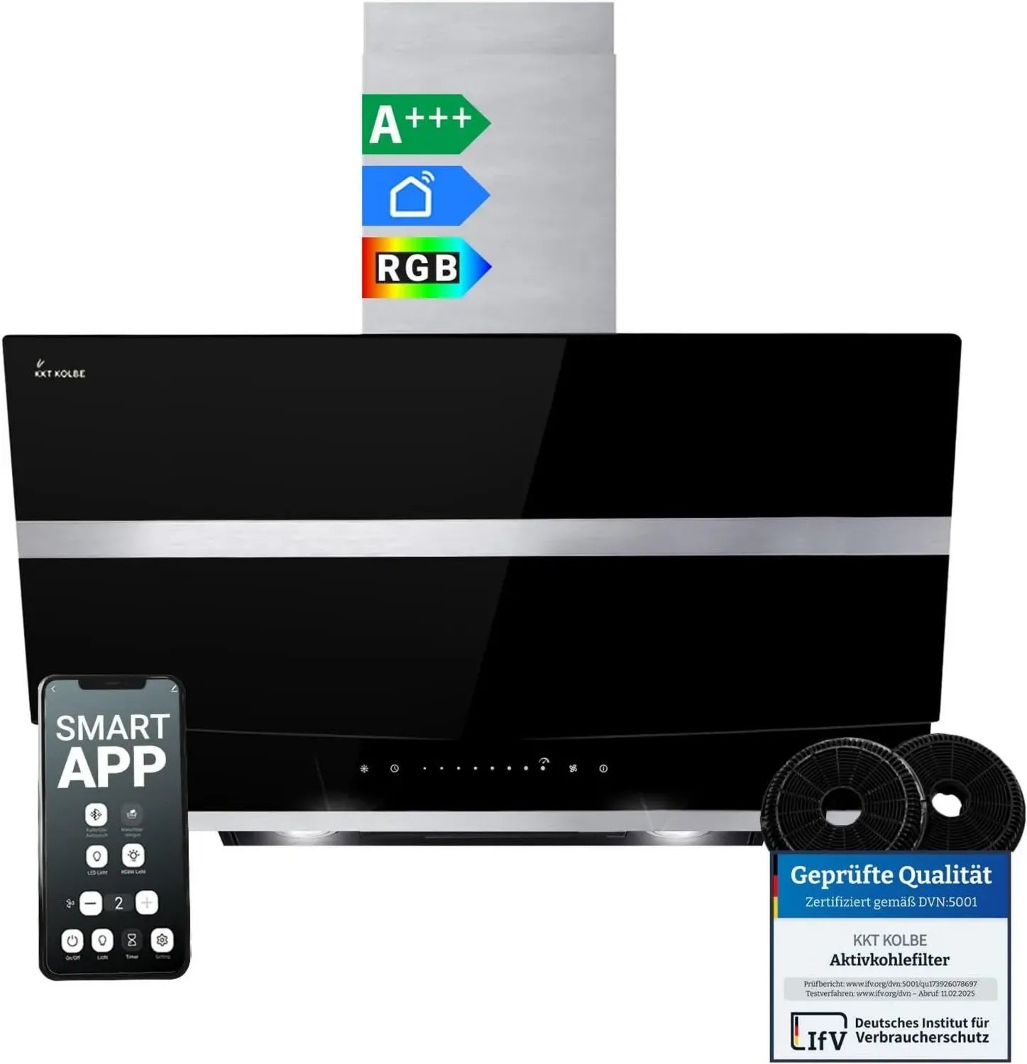 KKT KOLBE Kopffreie Dunstabzugshaube 80 cm, A+++, 782 m³/h, Edelstahl & Schwarzglas, WLAN, LED-Beleuchtung, SensorTouch