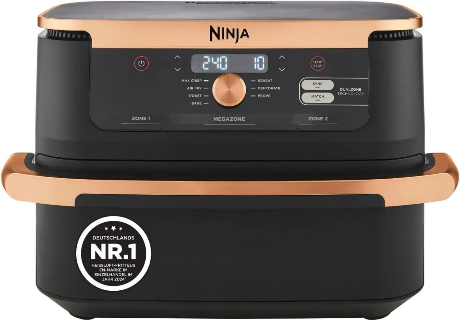 Ninja Foodi Dual Zone Heißluftfritteuse mit Flexibler Trennwand, 7-in-1, Antihaft, Spülmaschinenfest, Schwarz/Kupfer
