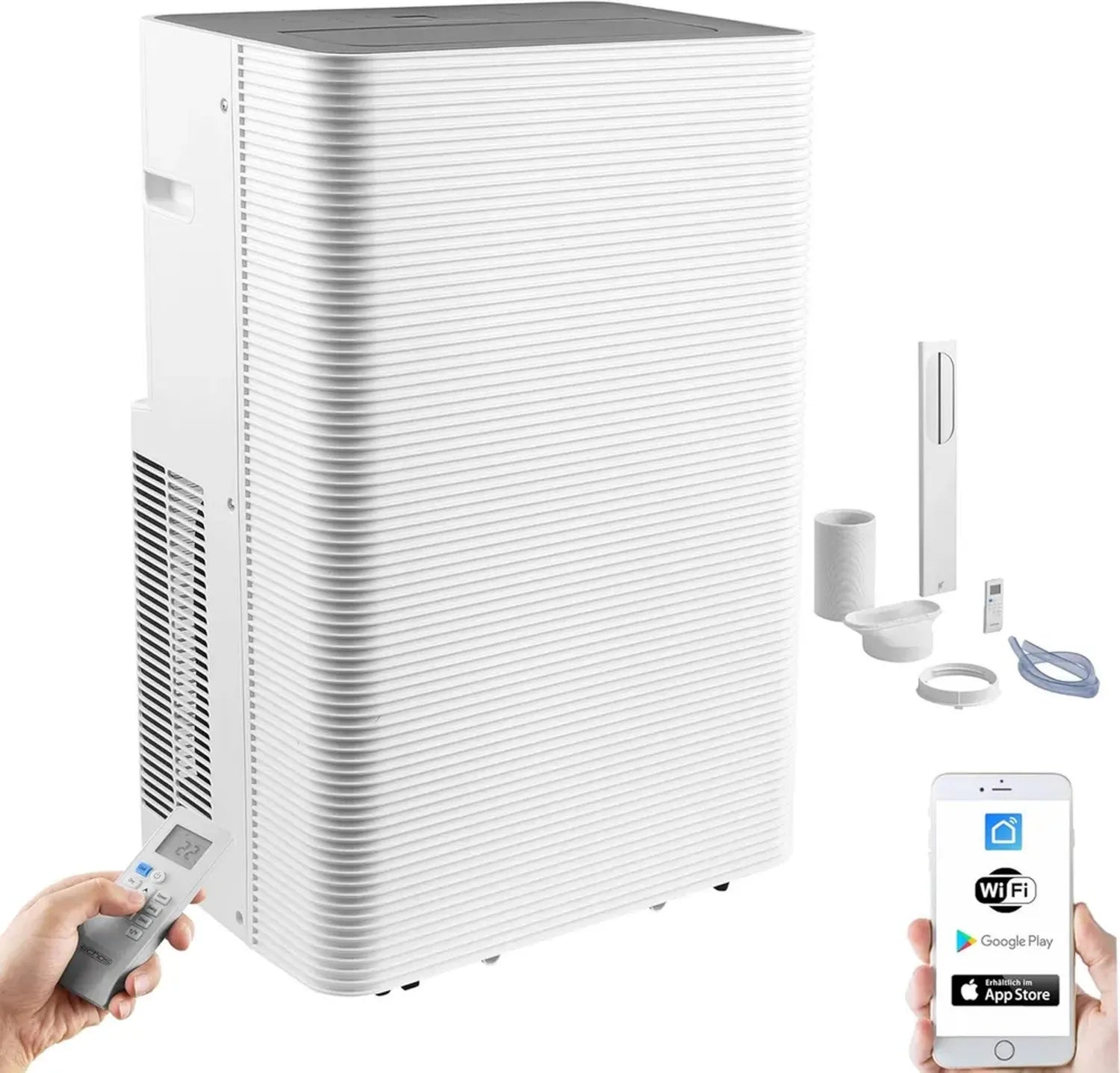 Echos® Mobile Klimaanlage 12.000 BTU, leise ≤56 dB, WiFi & App-Steuerung, inkl. Fensterabdichtung, 24h Timer, 3in1: Kühler, Entfeuchter & Ventilator