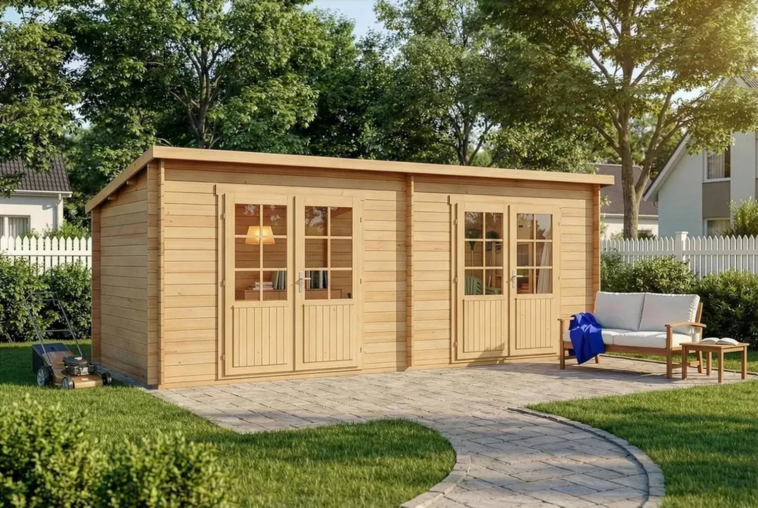 Alpholz Gartenhaus Maria Twin aus unbehandeltem Holz, 28 mm Wandstärke, 598 x 272 cm