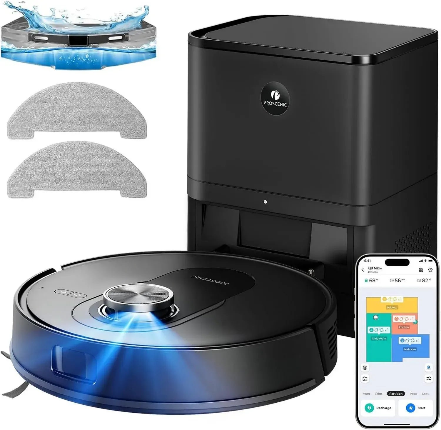 Proscenic Q8 Max+ Staubsaugerroboter mit 8000Pa Saugkraft, Wischfunktion und Lidar-Navigation, 200 Minuten Laufzeit, 3L Staubbeutel, intelligente Hindernisvermeidung, App- und Sprachsteuerung, geeignet für Teppiche und Hartböden