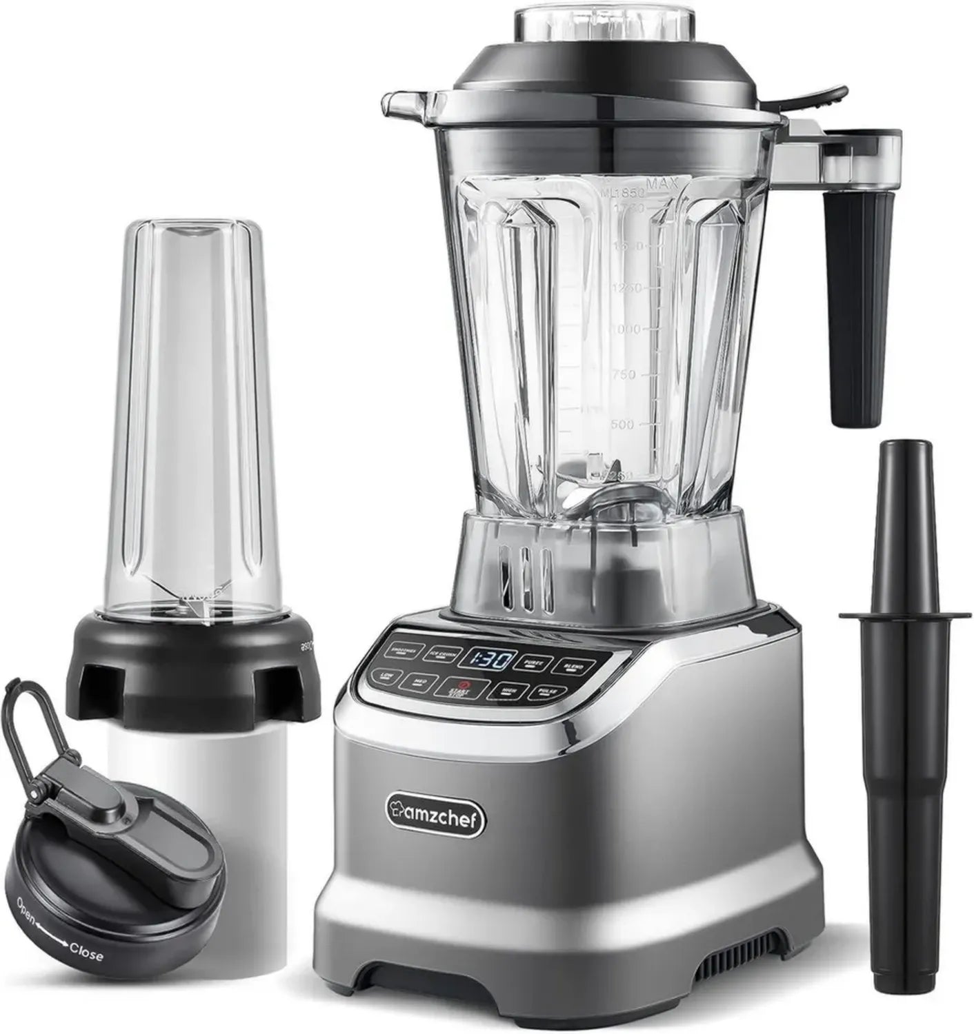 AMZCHEF 2-in-1 Standmixer 1800W, 1850ml & 600ml Behälter, Edelstahlklingen, Grau