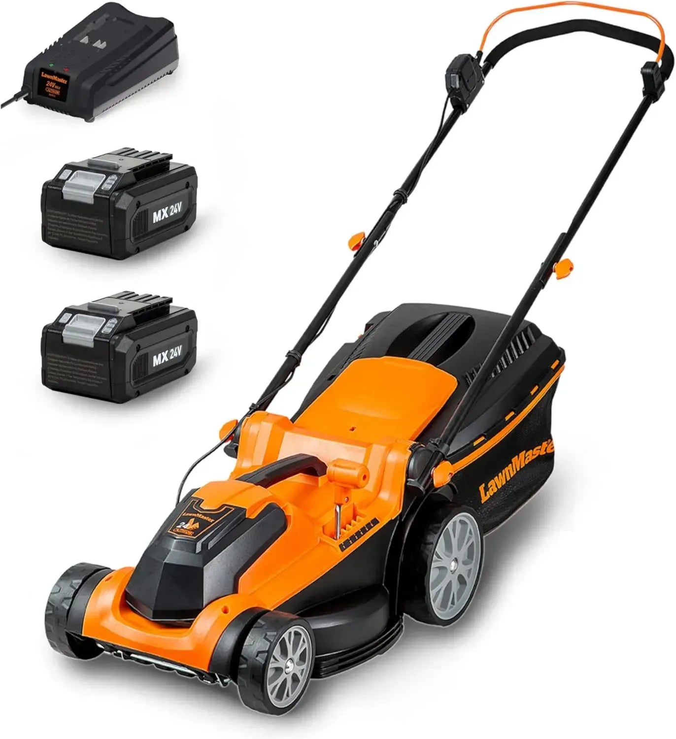 LawnMaster 24V Akku-Rasenmäher, 37cm Schnittbreite, 2x 4.0Ah Batterien, 6-fache Höhenverstellung, Mulchfunktion
