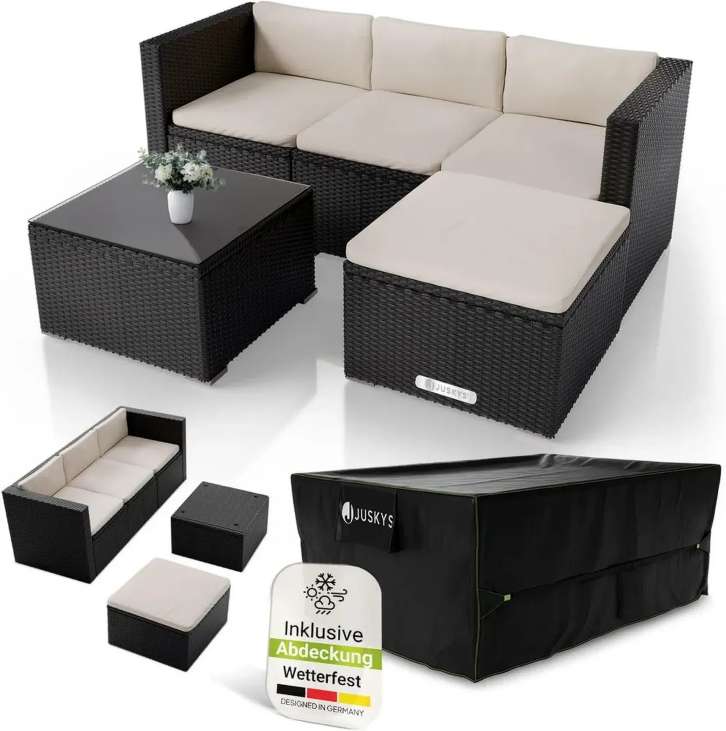 Juskys® Polyrattan Lounge Set Punta Cana M für 3-4 Personen, inkl. Abdeckung, wetterfeste Gartenmöbel mit Sofa, Sesseln, Tisch & Kissen, ideal für Garten, Terrasse & Balkon - Schwarz/Creme