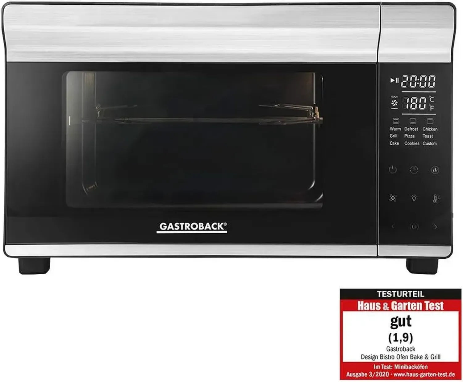 GASTROBACK Kompakter Minibackofen mit Umluft, 26L, 5 Programme, Cool Touch, Inklusive Pizzastein