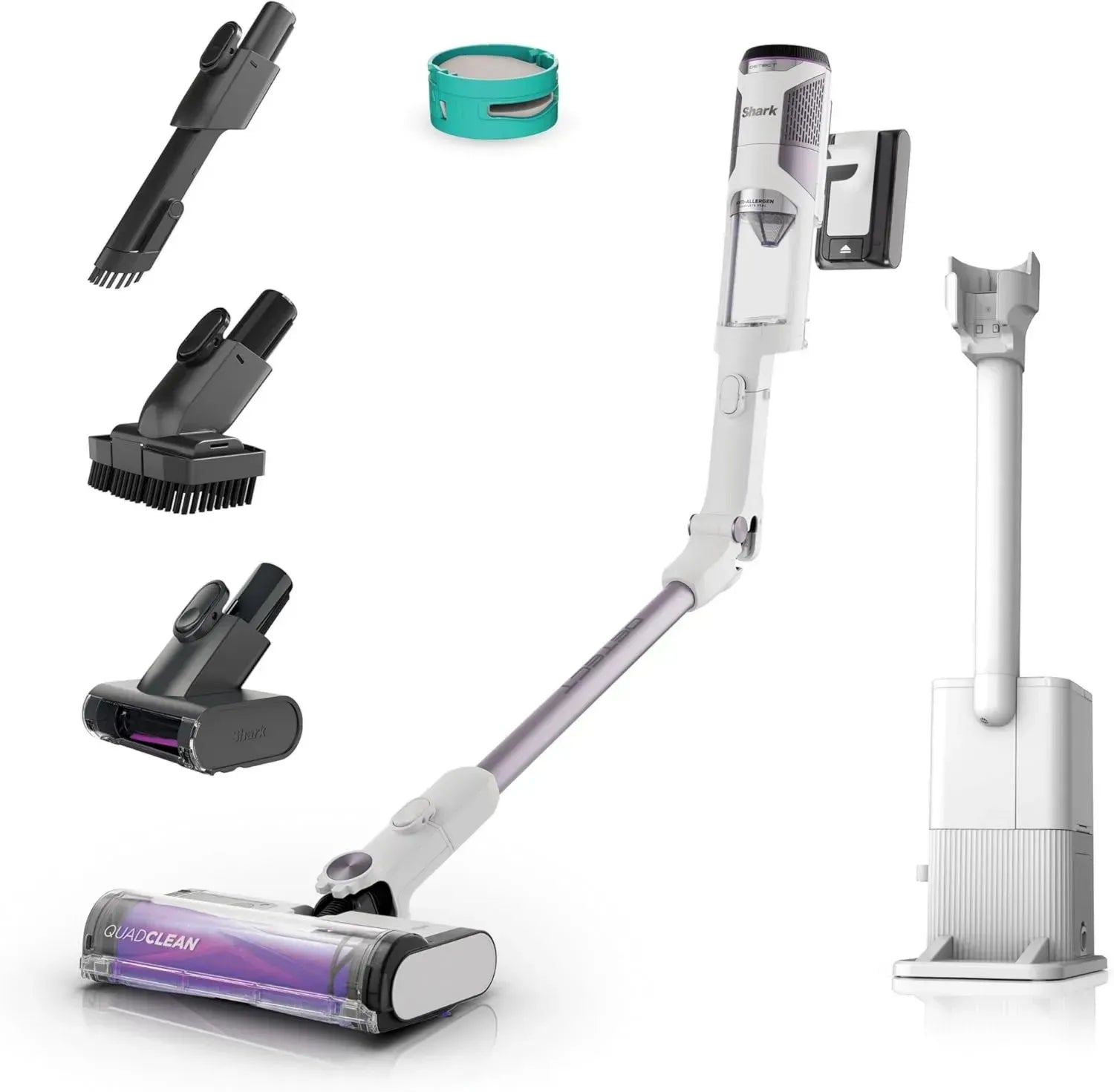 Leistungsstarker kabelloser Staubsauger mit Absaugstation für Haustierhaare und Allergiker, ideal für Teppiche und Hartböden, bis zu 60 Minuten Laufzeit, mit LED-Beleuchtung, 3 Aufsätze, weiß