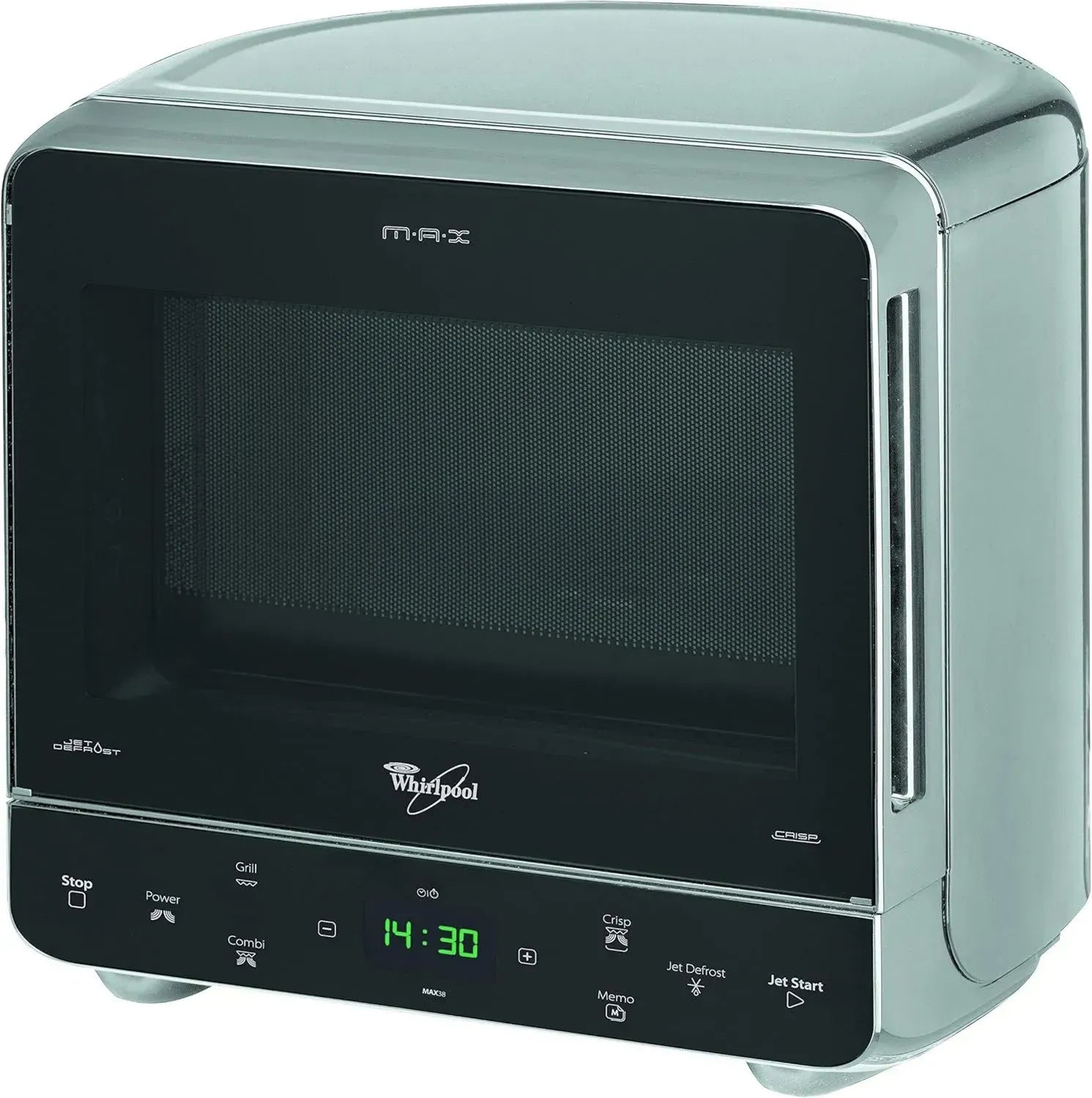 Whirlpool MAX 38 SL Kompakt-Mikrowelle mit Grill, 700W, 13L, Crisp & Schnellauftaufunktion, Platzsparend, Silber