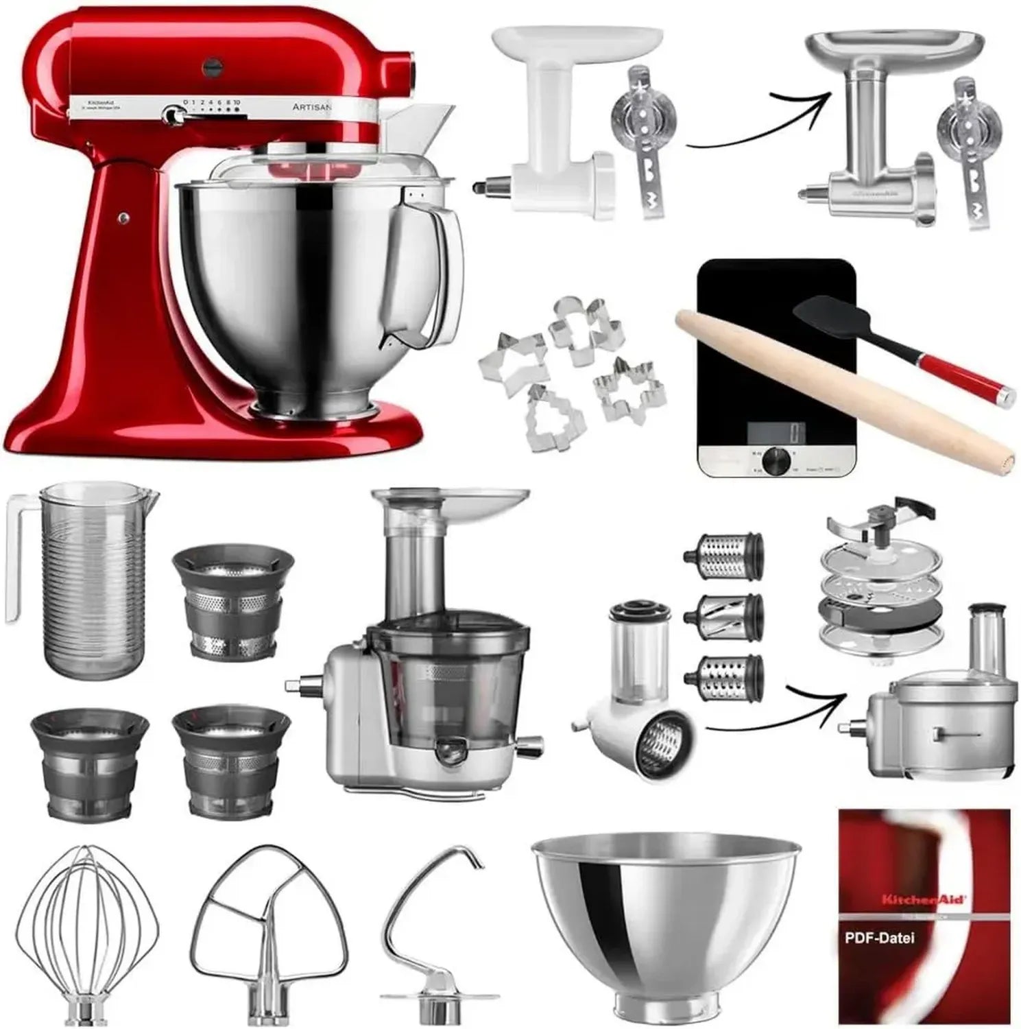 KitchenAid Artisan Küchenmaschine 4,8L, Komplettset mit Zubehör: Fleischwolf, Gemüseschneider, Entsafter und Backset, Liebesapfelrot