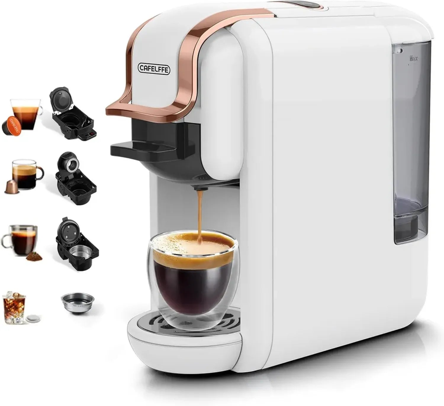 CAFELFFE MK-603 4-in-1 Kapsel-Kaffeemaschine, heiß/kalt Funktion, kompatibel mit ESE Pods, Nespresso Original/DG Kapseln, schnelle Brühzeit, Weiß