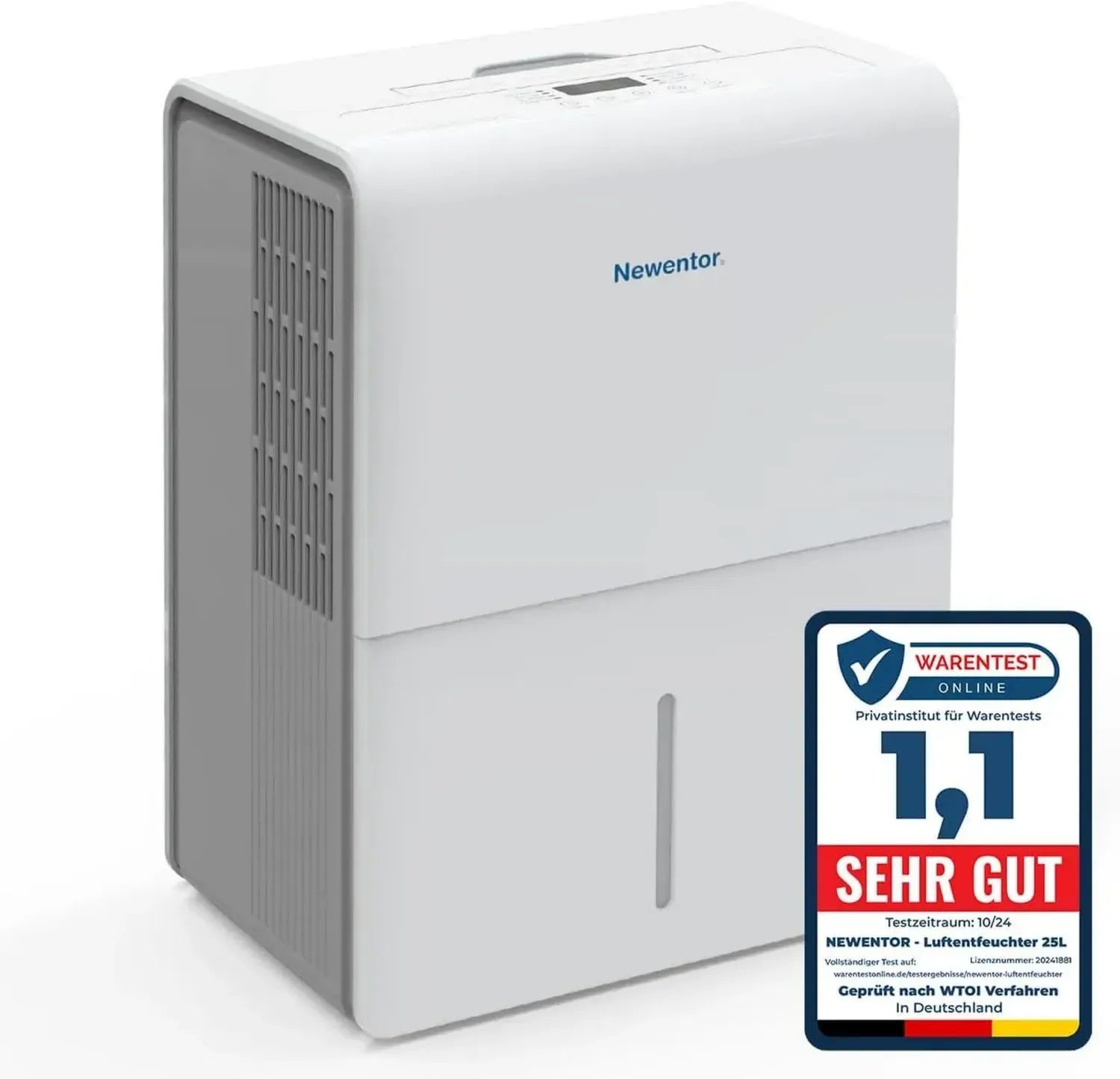Newentor Luftentfeuchter 25L/Tag, Energieeffizient für Große Räume bis 80m², Leise mit Timer und Abnehmbarem Filter, Inkl. Ablaufschlauch, 10 Jahre Garantie