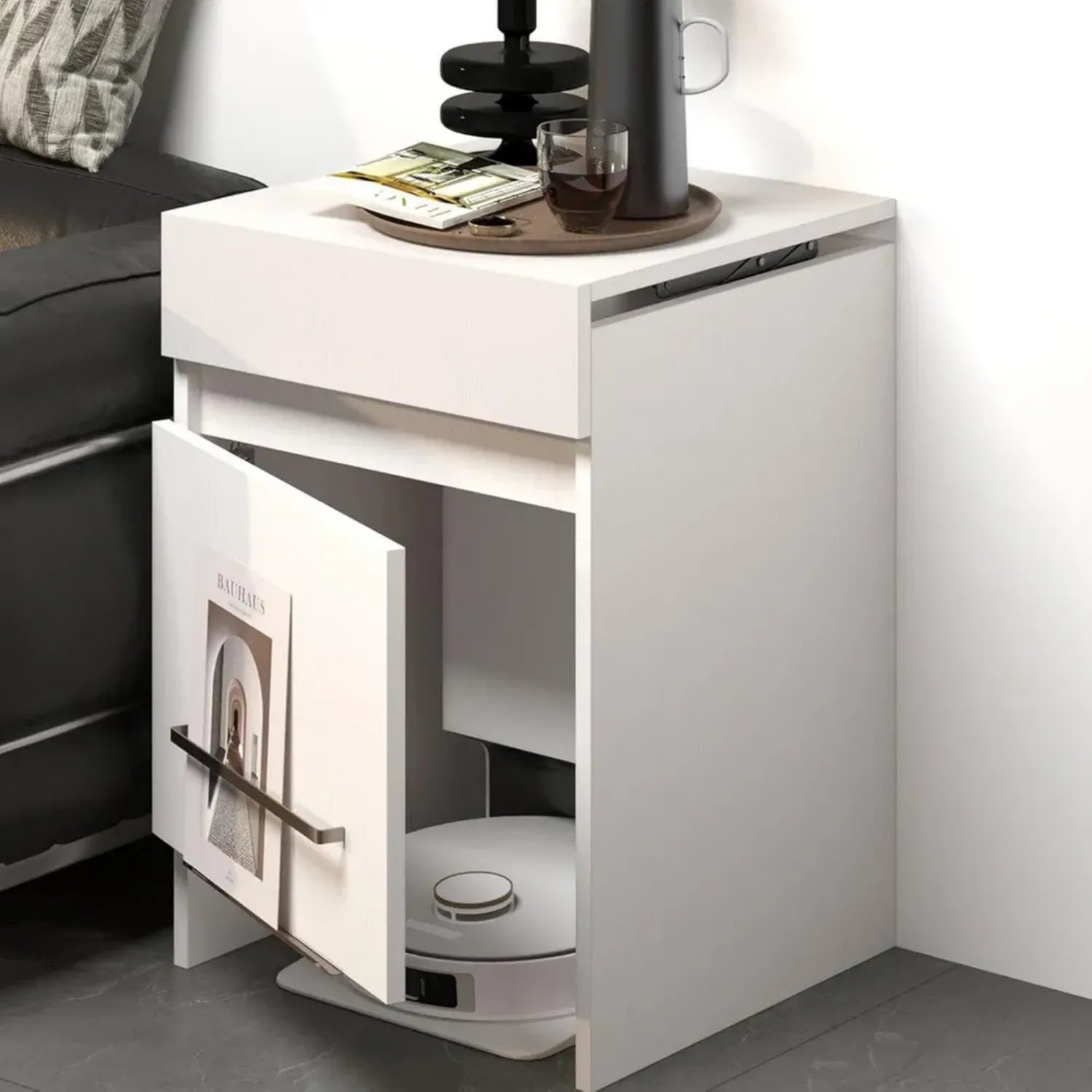 Verborgenes Schrankdesign für Saugroboter mit Schublade und Lift – Einfache Wartung – Ideal für Wohn-, Schlaf- und Küchenräume (Weiß)