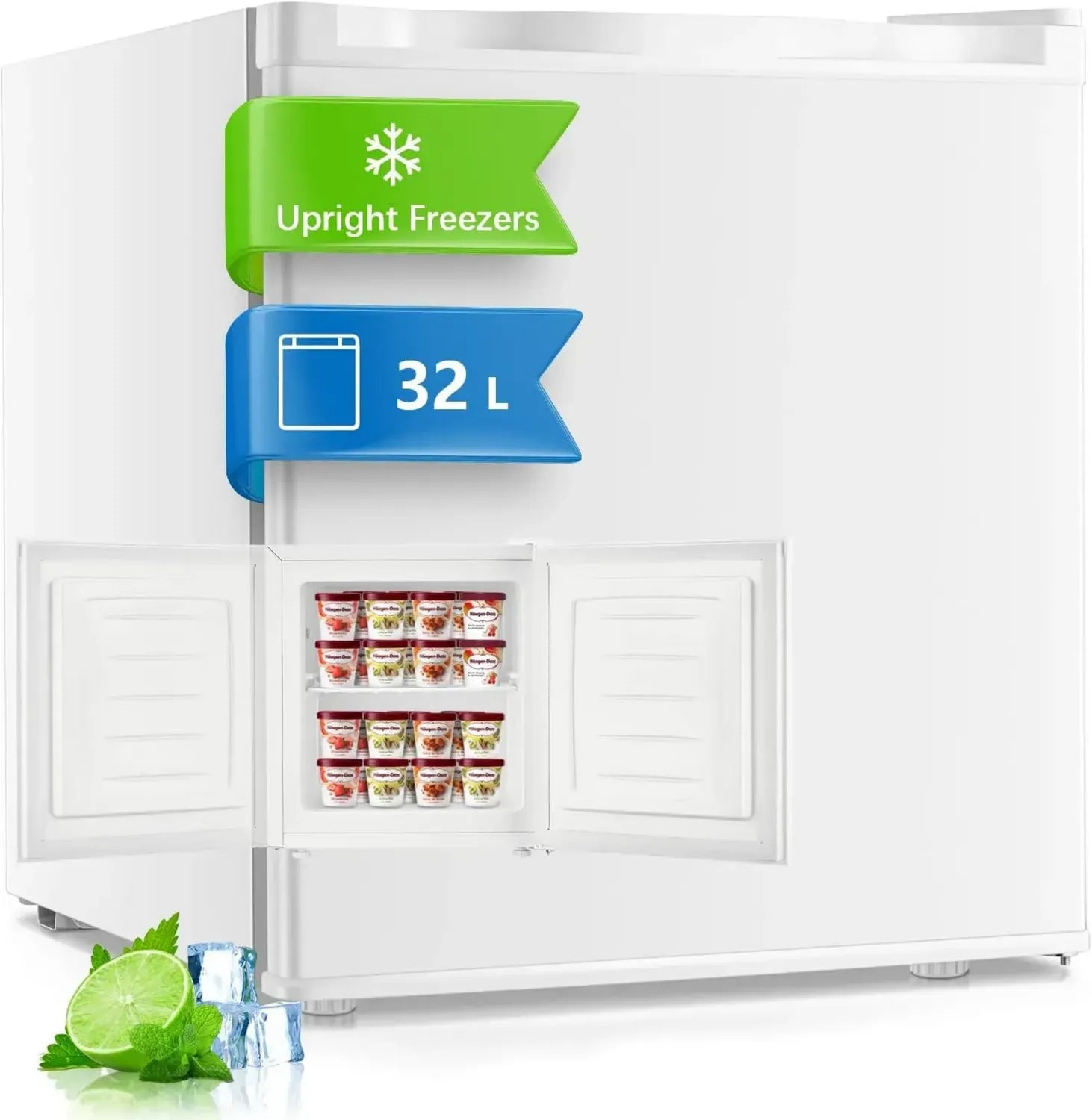 Kompakter Mini-Gefrierschrank 32L, -22°C, Leise 43dB, Türwechsel, Ideal für Büro und Camping, Weiß