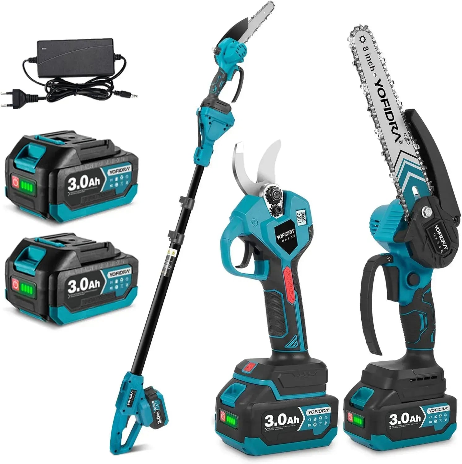 Yofidra 8 Zoll Akku-Kettensäge mit Teleskopfunktion, 30mm Astschere & Hochentaster, 4-in-1 Gartenset inkl. 2x3000mAh Akkus