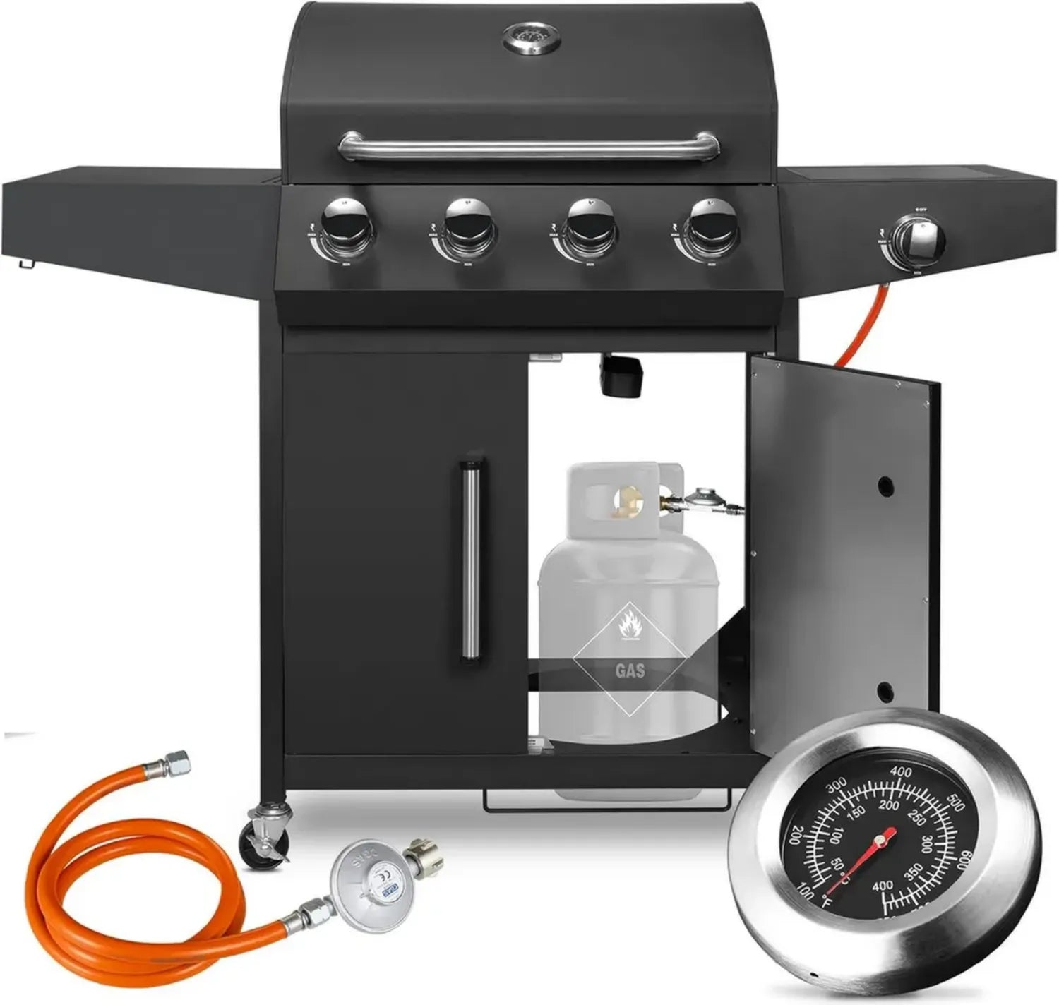 LIFERUN 5-Brenner Gasgrill aus Edelstahl mit Seitenkocher, 15 kW BBQ Grillwagen mit Thermometer und Bremssystem, für Butan/Propan