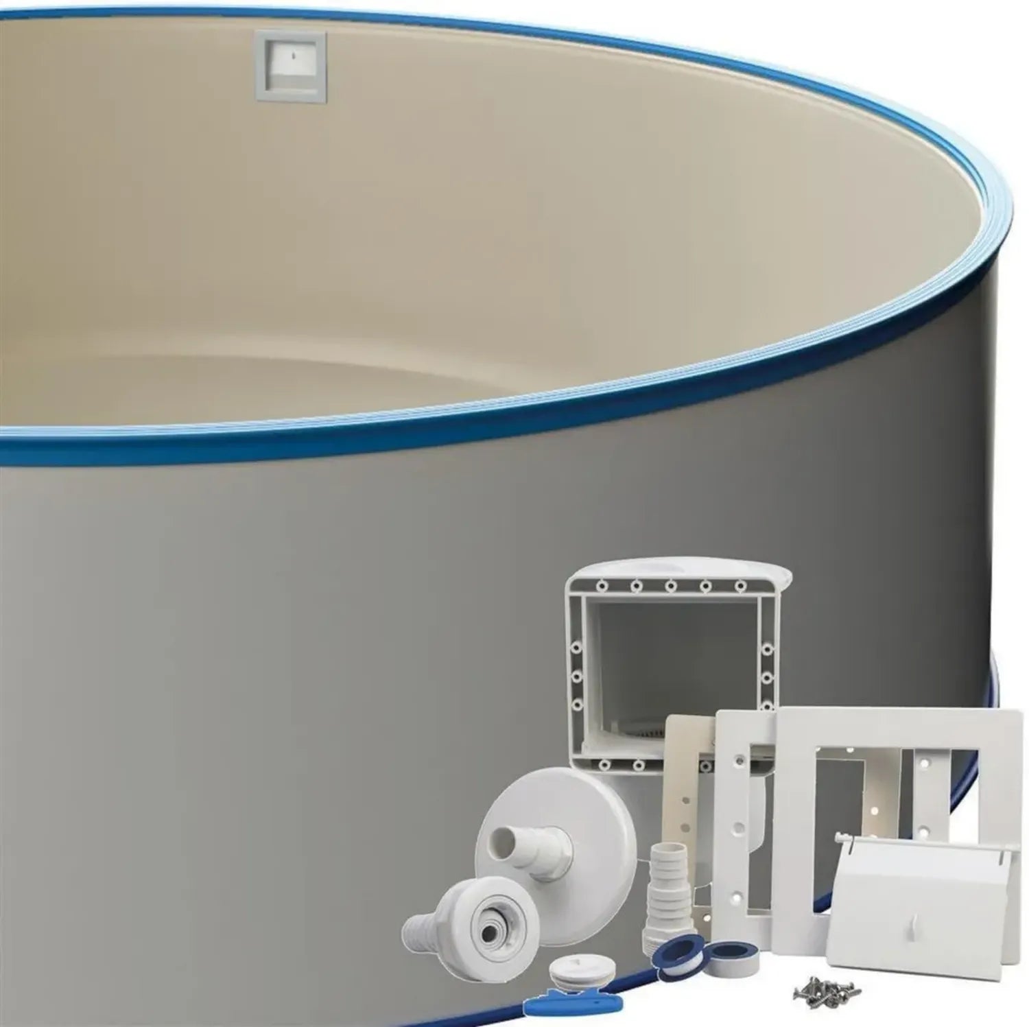 Rundpool-Set 3,5 x 1,2 m mit Stahlwand und Blauem Handlauf, Inklusive Skimmer und Sandfarbener Innenfolie, Europäische Premiumqualität