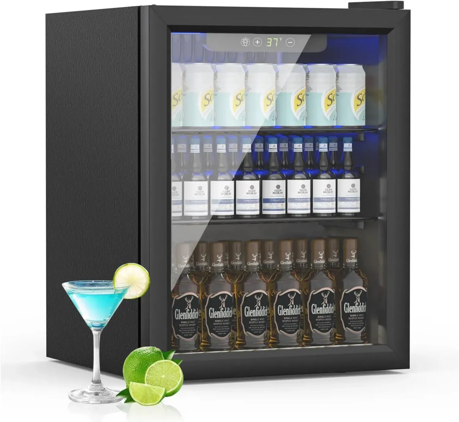 Freistehender Mini-Getränkekühlschrank 50L, Glastür, verstellbare Regale, digitaler Anzeige, Schwarz