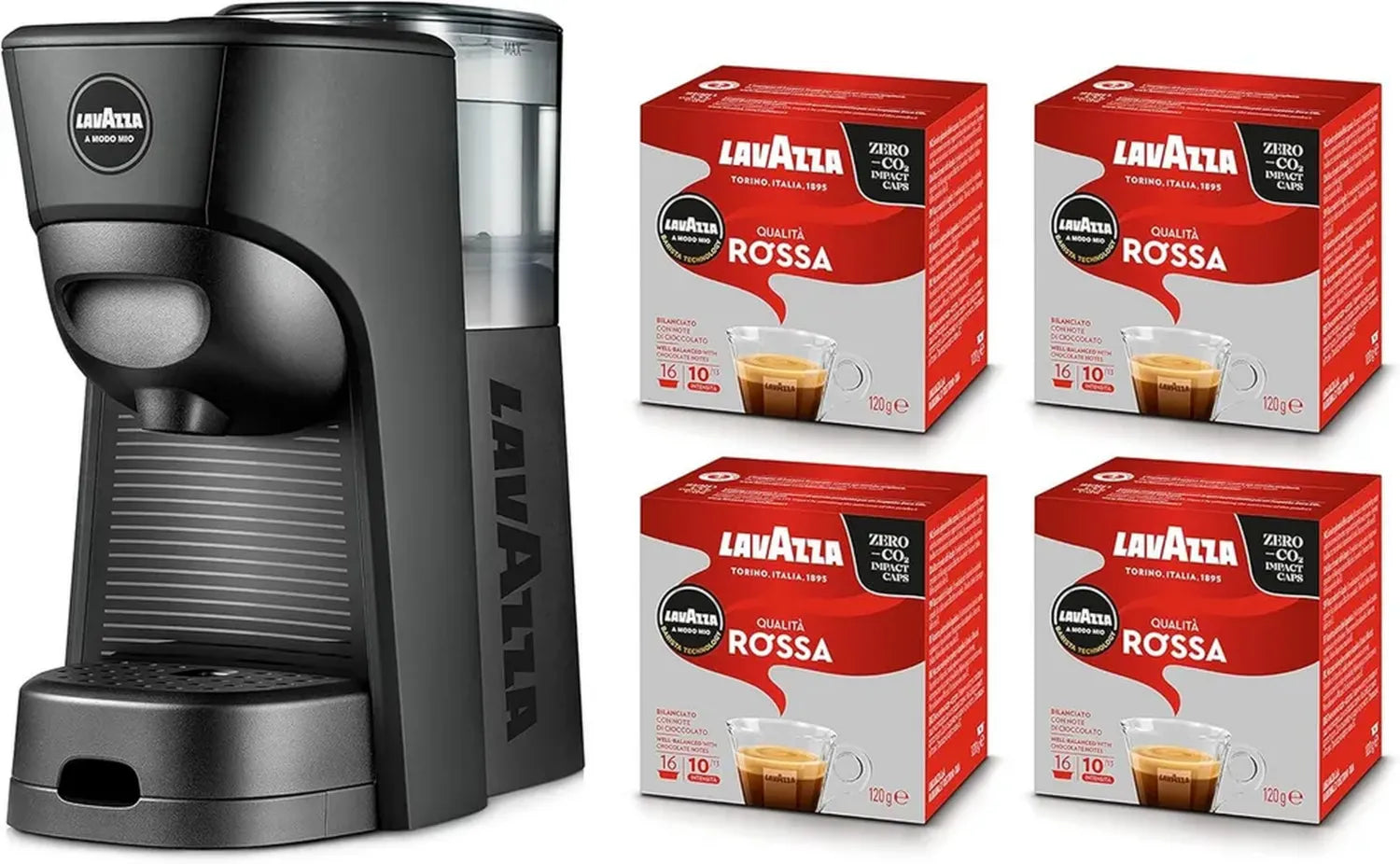 Lavazza A Modo Mio Tiny Eco Kaffeemaschine Schwarz mit 64 Kapseln, Espressomaschine aus Recyclingmaterial, 1450 W, 0,6 L