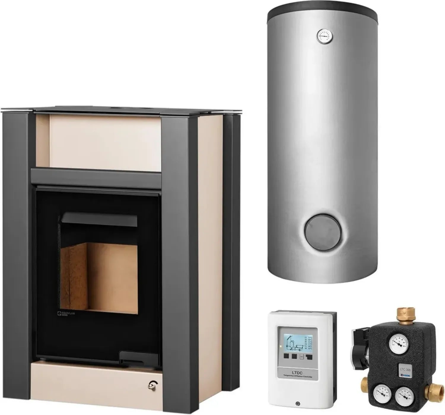 Moderner wasserführender Kaminofen 11 kW in Creme mit Kombispeicher THKE 600