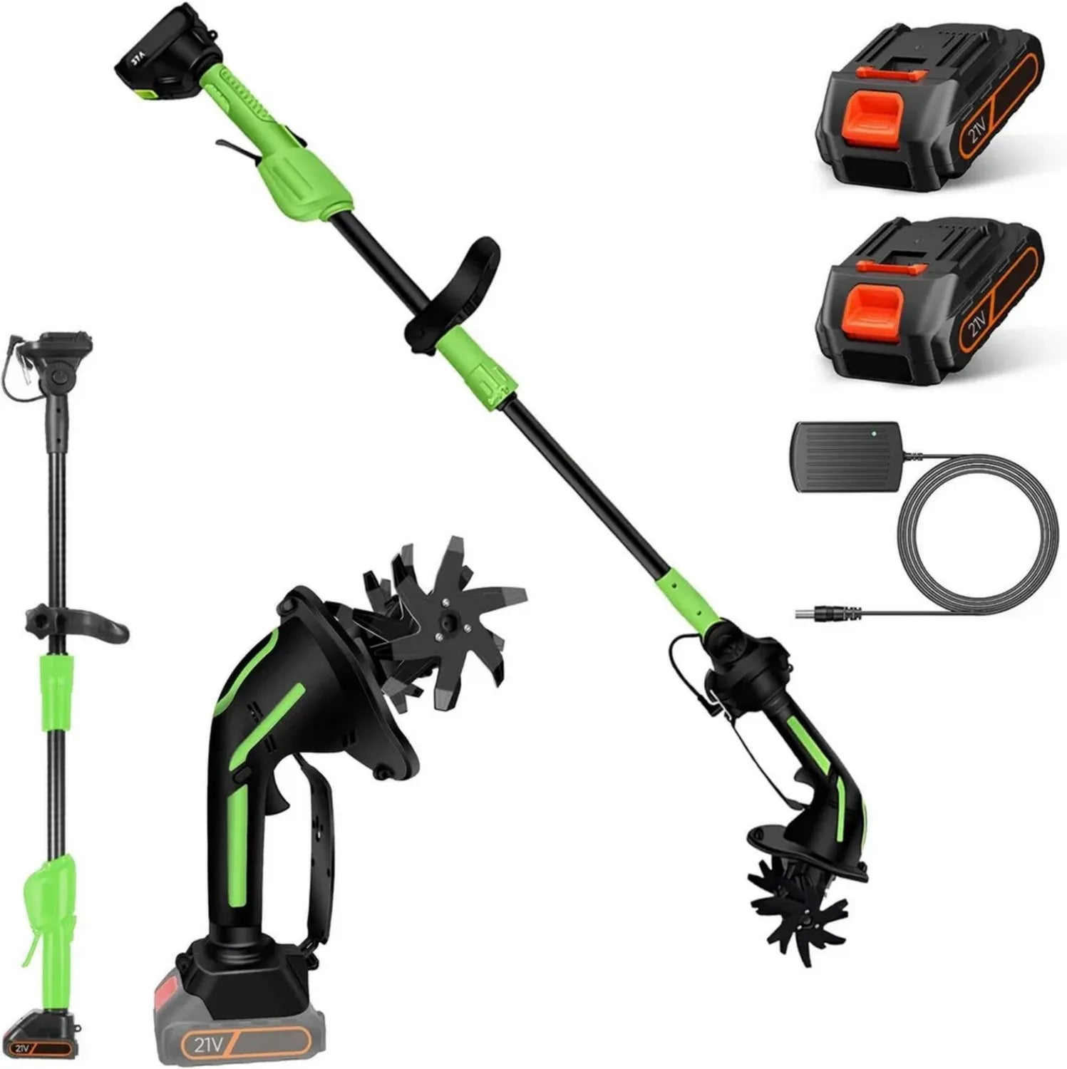 Kabellose 21V Akku-Gartenfräse mit 10cm Arbeitsbreite und Tiefe, 2300 U/min, für Beete und Hochbeete, inklusive 2 Batterien