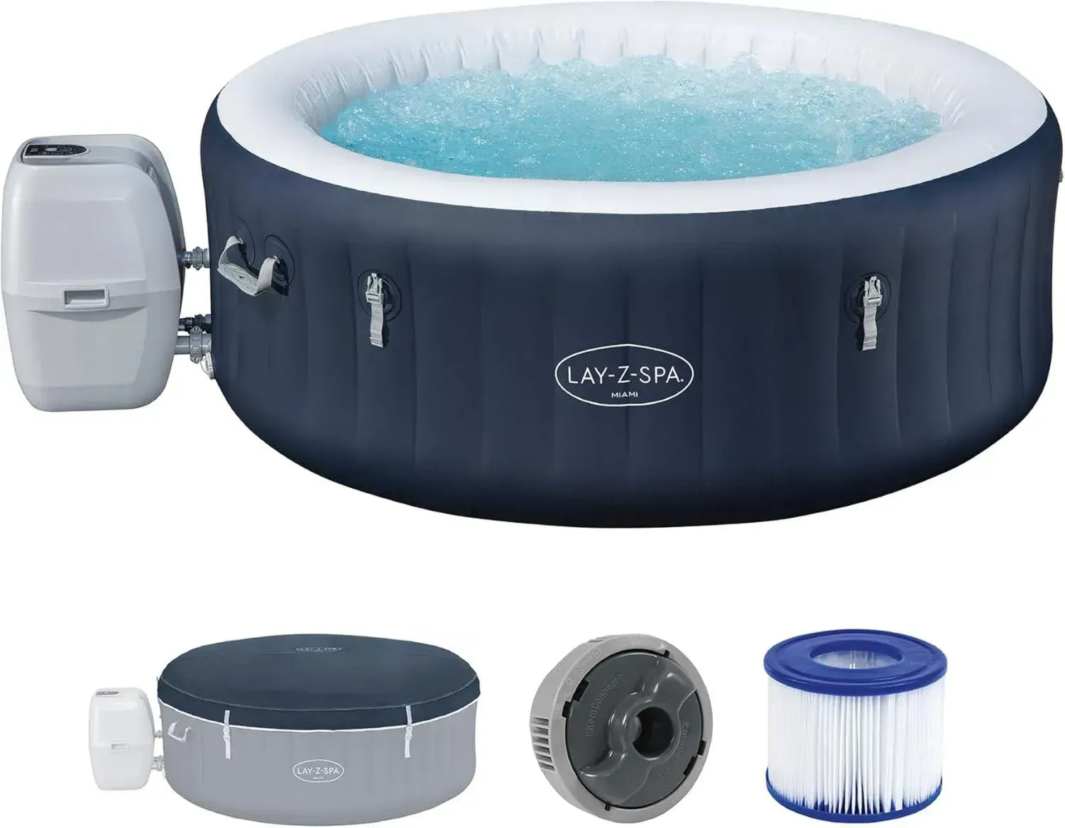 Bestway Lay-Z-SPA Whirlpool Miami AirJet, 4 Personen, 180 x 66 cm, Energiesparend, mit Heizung und Frostschutz, 120 AirJet-Düsen, Thermoabdeckung, Dunkelblau