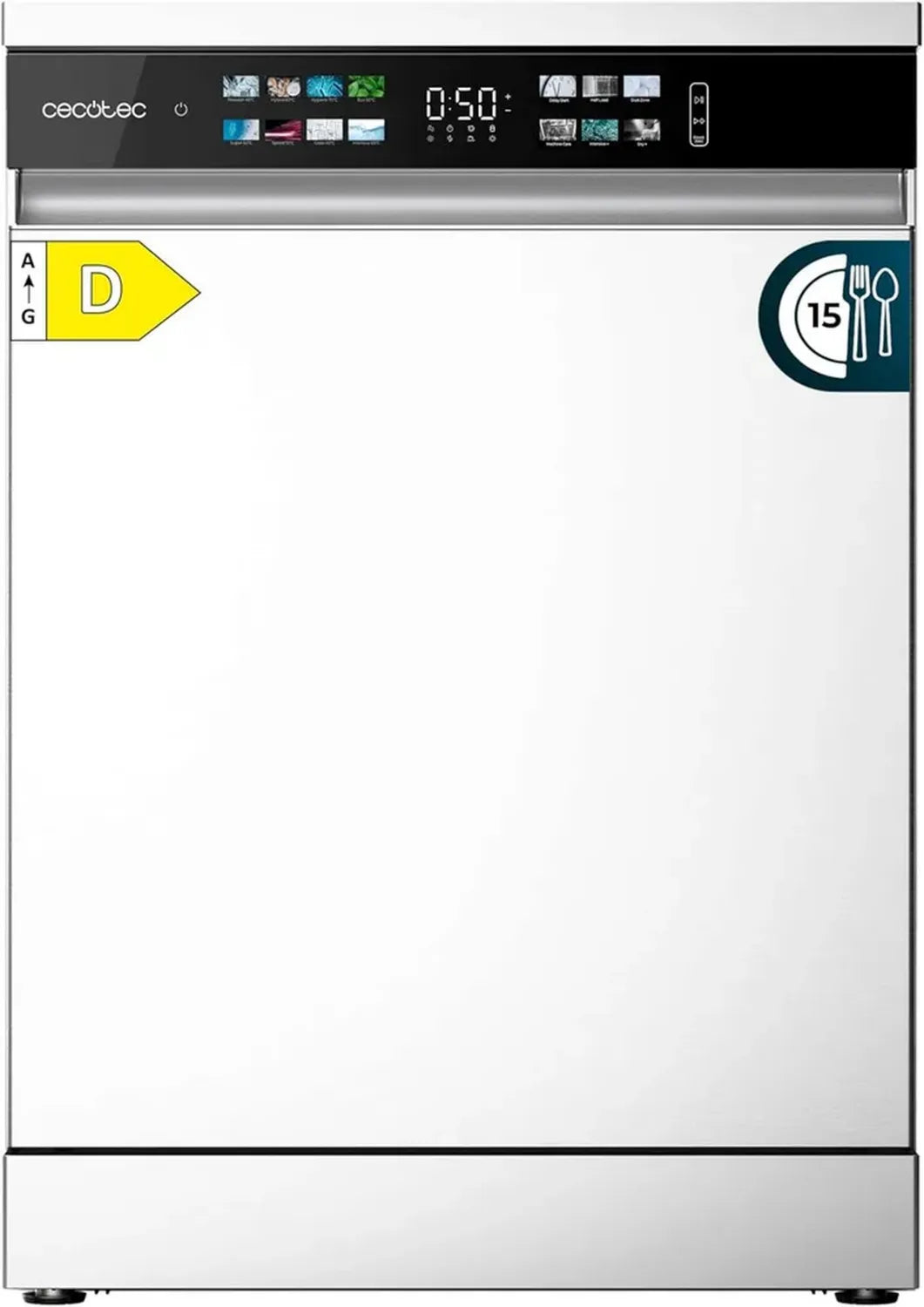 Cecotec Freistehender Geschirrspüler 60 cm - Bolero Aguazero 6210 D, 15 Plätze, Energieeffizienzklasse A++, XXL Farbdisplay, 14 Programme, Dualzonenreinigung, Weiß
