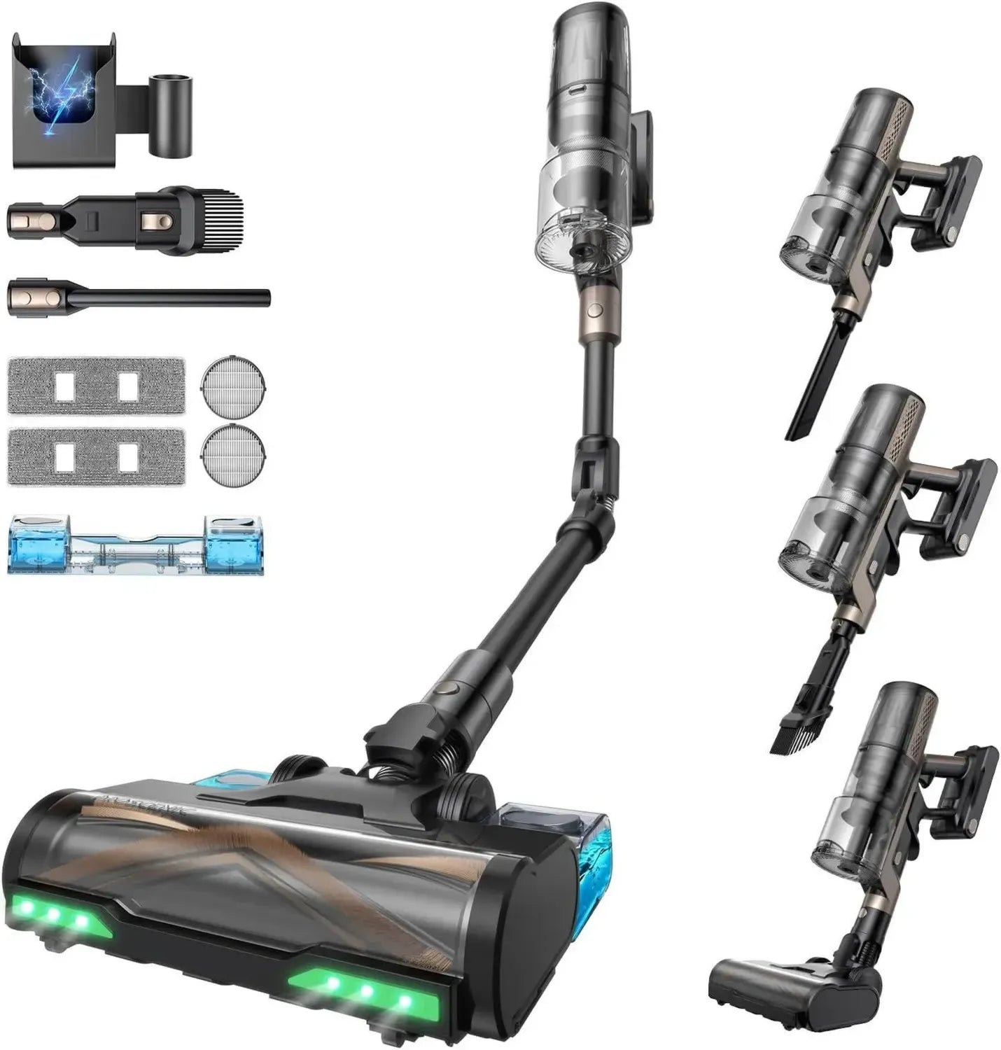 Proscenic P20 Kabelloser Staubsauger mit Wischfunktion, 70KPa, 70 Min Laufzeit, 680W, freistehend, Wandladestation, Anti-Tangle, 6-fach-Filter, 1,5L, ideal für Teppiche und Tierhaare, Aurum Black