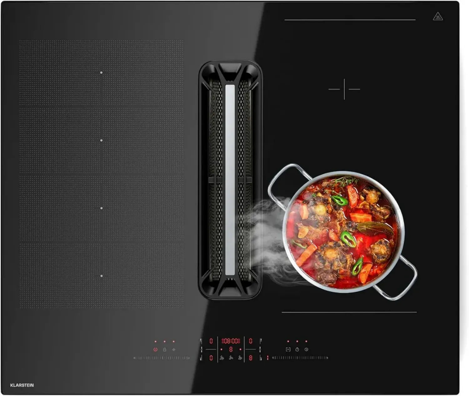 Klarstein AirJet Induktionskochfeld mit integriertem Abzug - 12 kW, Boost 600 m³/h, Energieklasse A+, 9 Leistungsstufen, leise 52 dB, Touchscreen, Bridge-Funktion, Aluminiumfilter, schwarz