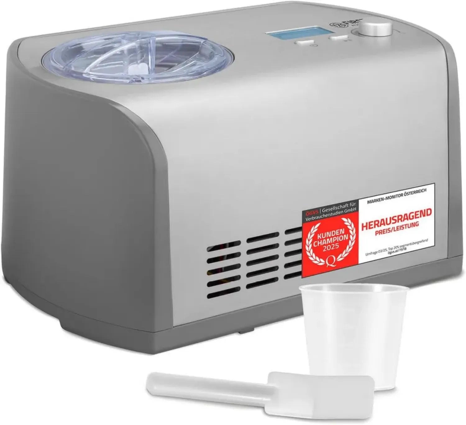 TZS First Austria - 1,2L Eismaschine mit Kompressor - 135W - Edelstahl - Für Eis, Sorbet und Frozen Yogurt - Grau