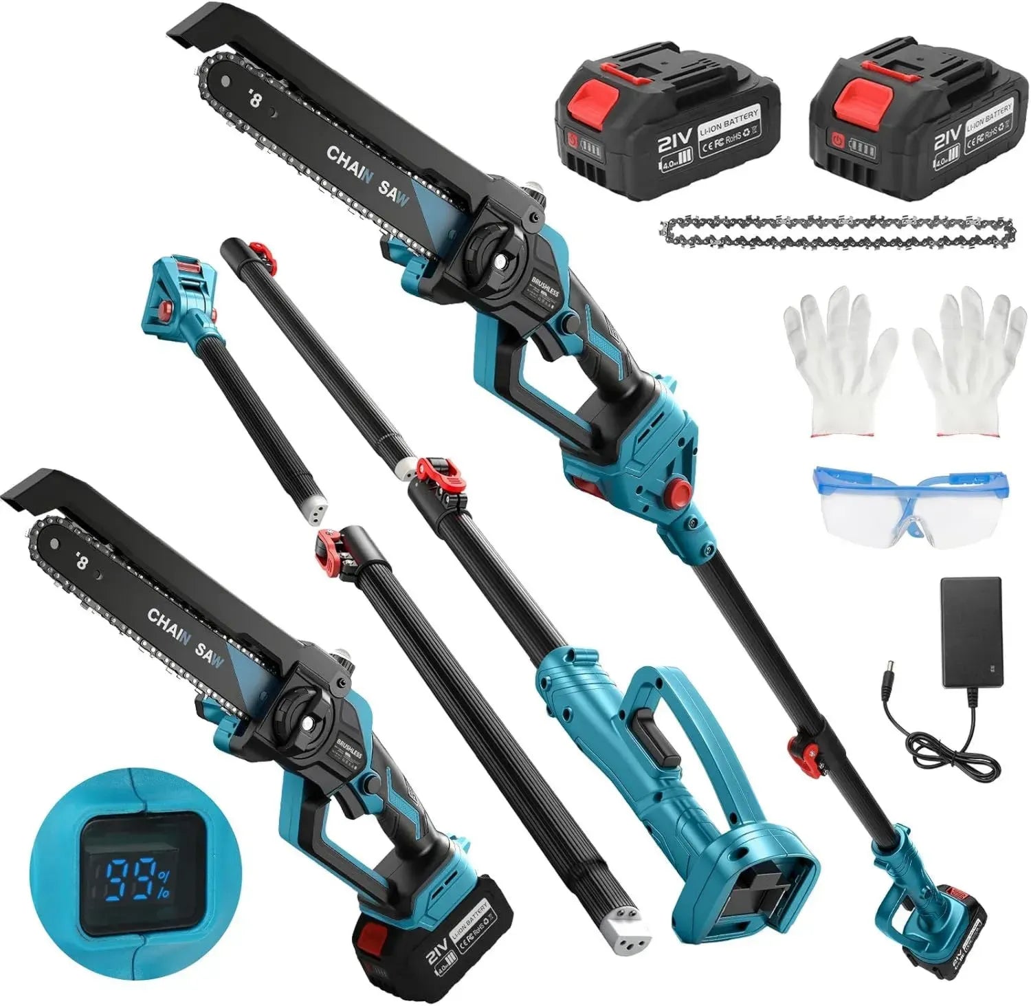 Akku-Kettensäge 8 Zoll mit Verlängerungsstange, 2 Akkus, bürstenlosem Motor und automatischer Kettenschmierung, ideal für Baumpflege und Holzarbeiten, kompatibel mit Makita 18V