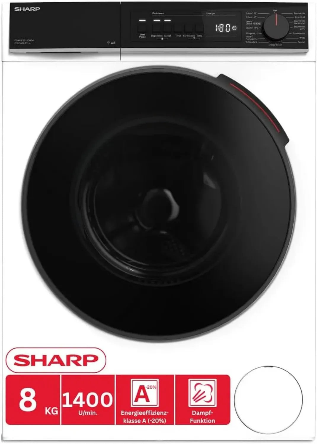 SHARP 8 kg Waschmaschine mit Inverter, 1400 U/min, WiFi, AquaStop, Dampffunktion, leise, Klasse A