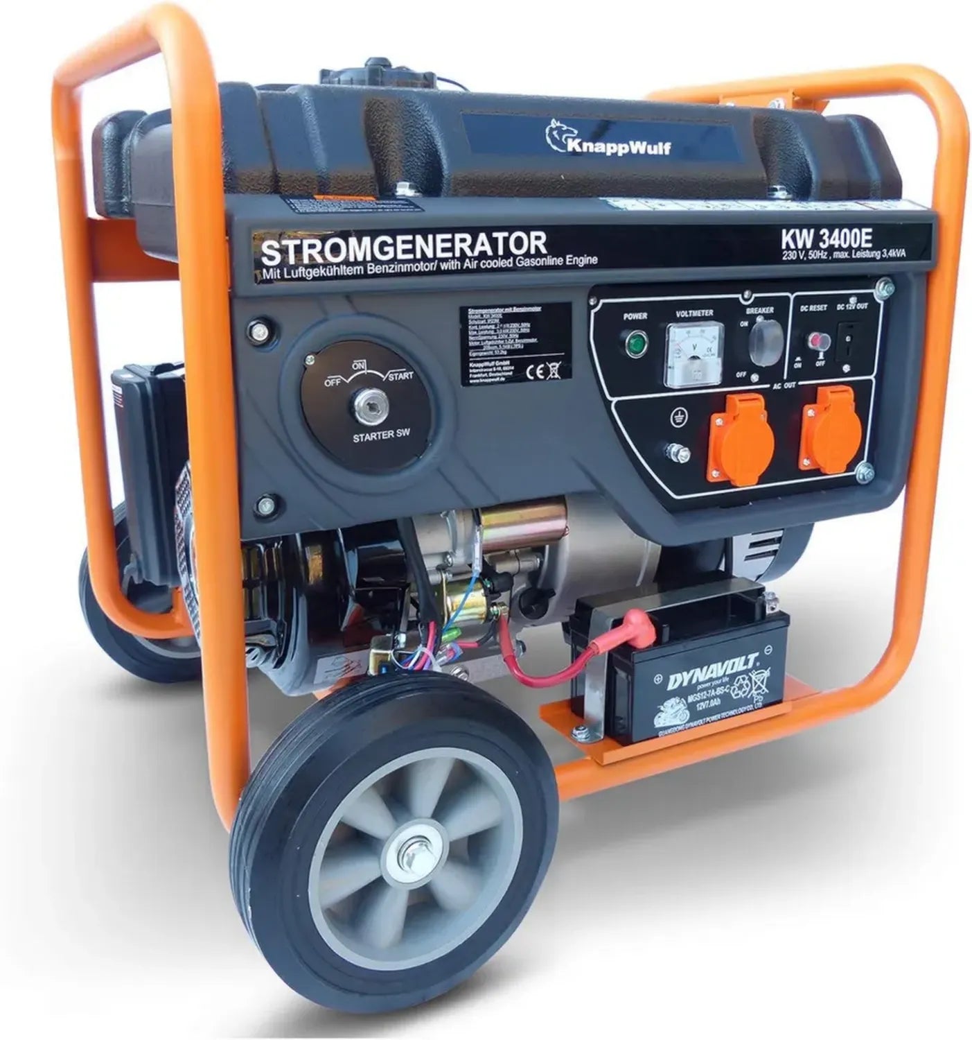 KnappWulf KW3400E Stromerzeuger 3000W mit Elektrostarter und Ölmangelschutz, 2x230V und 12V Ausgang